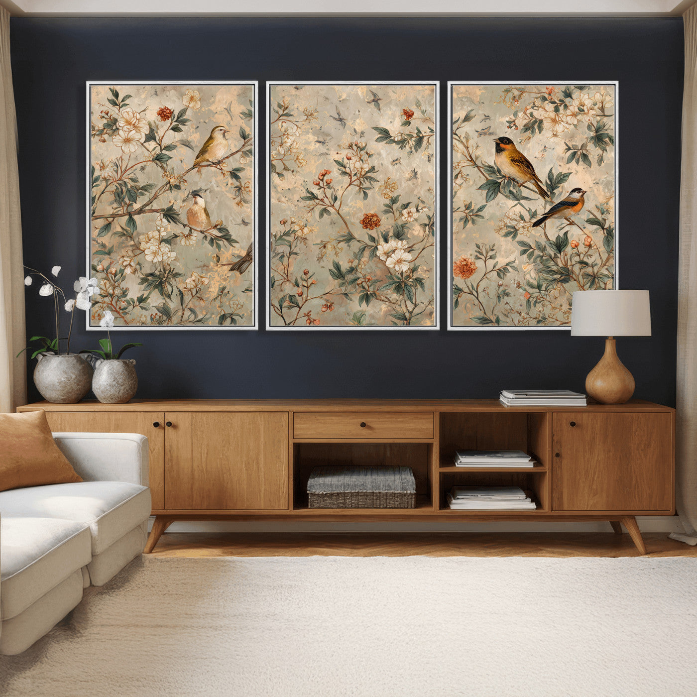 76588438-MGV-CV-36X24 - Vintage Birds and Flowers Wall Art Canvas Print, Botanical Bird Painting Canvas Print, Floral Garden Bird Artwork Canvas Print, Classic Bird Flower Painting Canvas Print