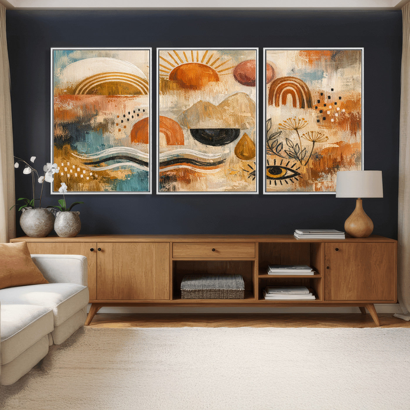 52155239-MGV-CV-36X24 - Geometric Boho Abstract Wall Art Canvas Print, Orange Blue Abstract Expressionist Painting Print, Modern Geometric Abstract Canvas Art