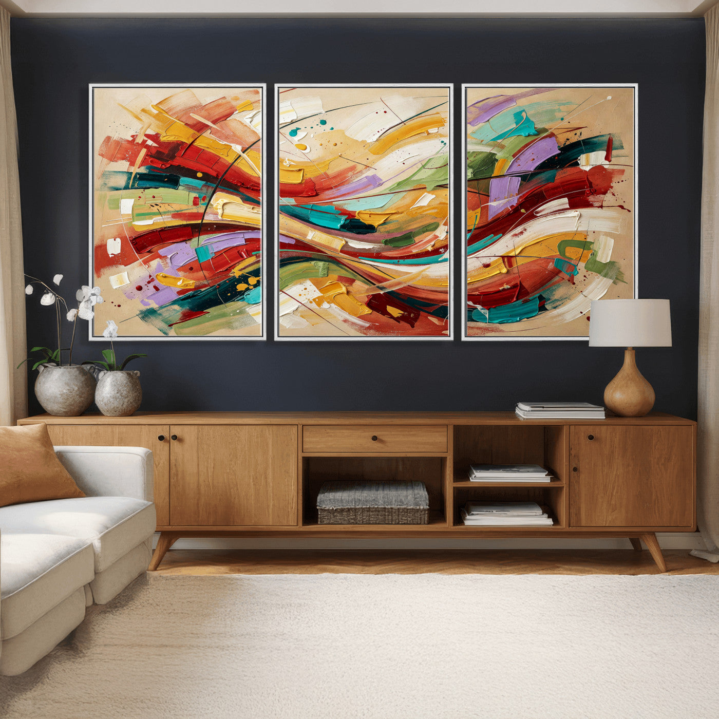 39887645-MGV-CV-36X24 - Geometric Abstract Wall Art Canvas Print, Orange Blue Abstract Expressionist Painting Print, Modern Geometric Abstract Canvas Art