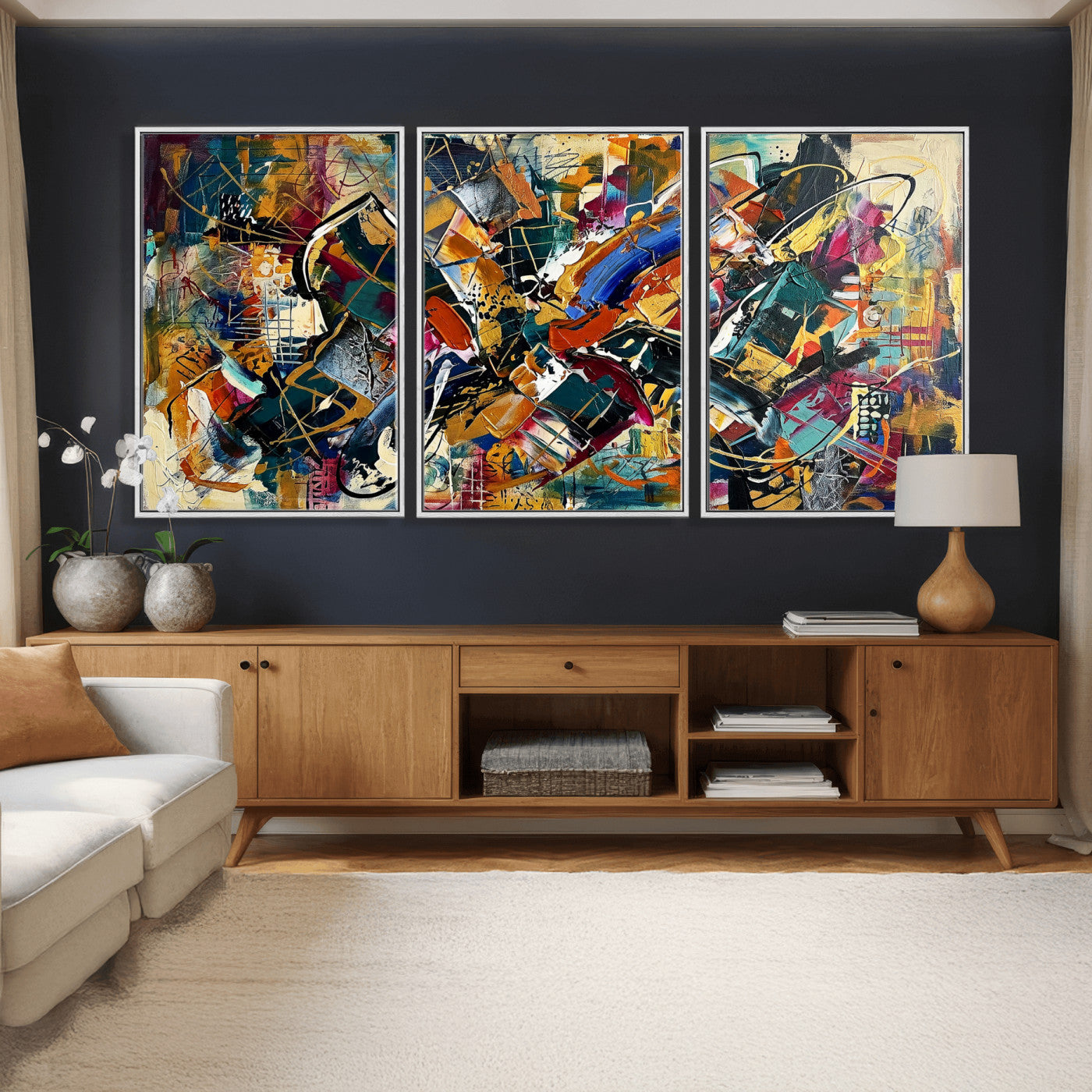 15525527-MGV-CV-36X24 - Geometric Abstract Wall Art Canvas Print, Orange Blue Abstract Expressionist Painting Print, Modern Geometric Abstract Canvas Art