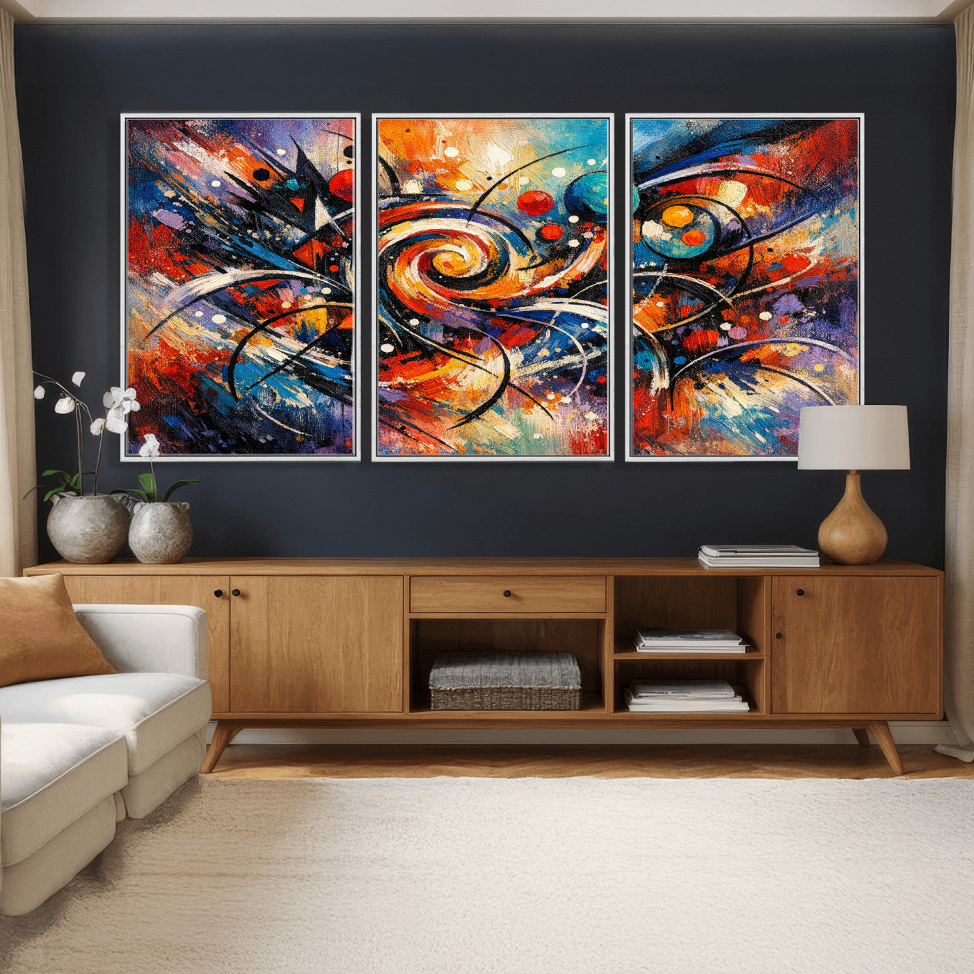 60193267-MGV-CV-36X24 - Geometric Abstract Wall Art Canvas Print, Orange Blue Abstract Expressionist Painting Print, Modern Geometric Abstract Canvas Art