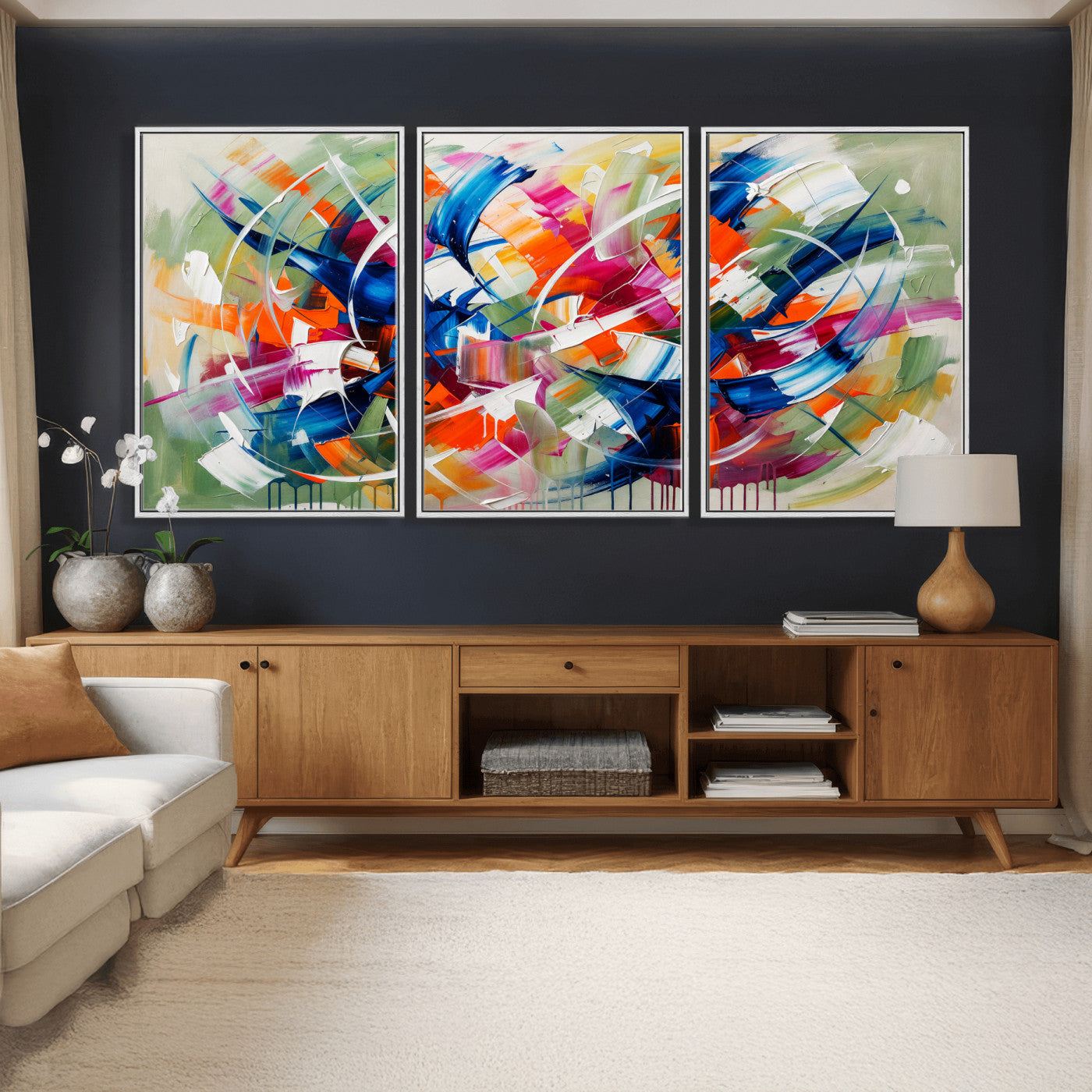 15032888-MGV-CV-36X24 - Geometric Abstract Wall Art Canvas Print, Orange Blue Abstract Expressionist Painting Print, Modern Geometric Abstract Canvas Art