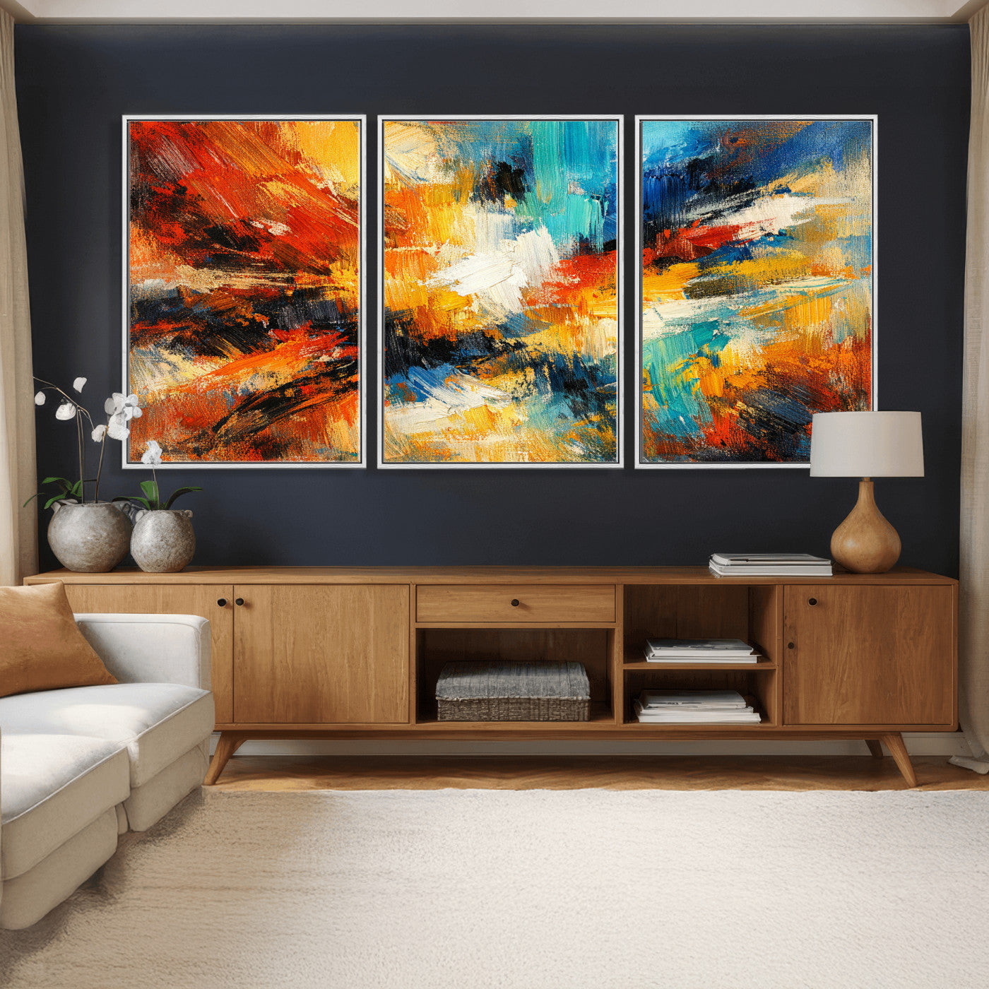 93167583-MGV-CV-36X24 - Geometric Abstract Wall Art Canvas Print, Orange Blue Abstract Expressionist Painting Print, Modern Geometric Abstract Canvas Art