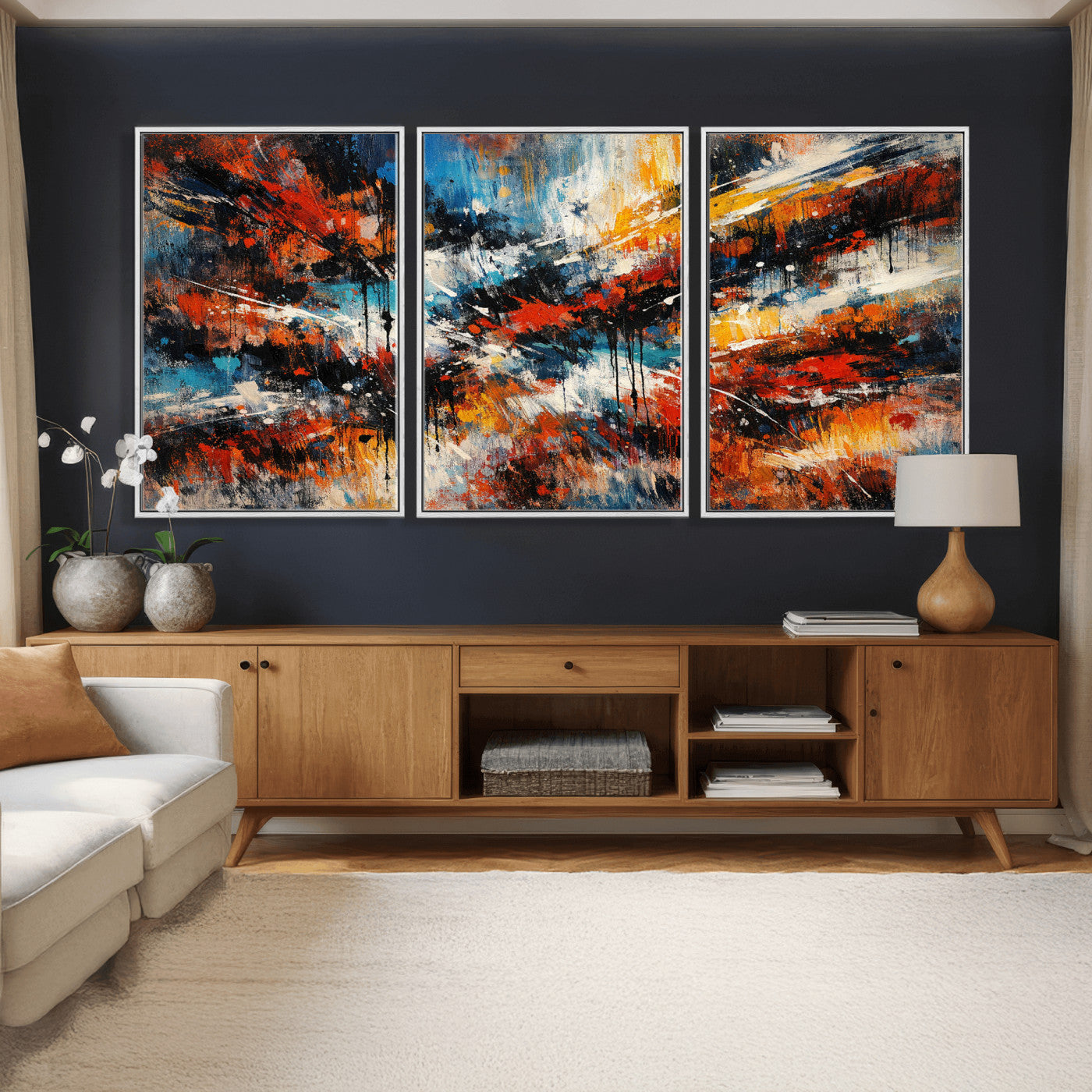 80276069-MGV-CV-36X24 - Geometric Abstract Wall Art Canvas Print, Orange Blue Abstract Expressionist Painting Print, Modern Geometric Abstract Canvas Art