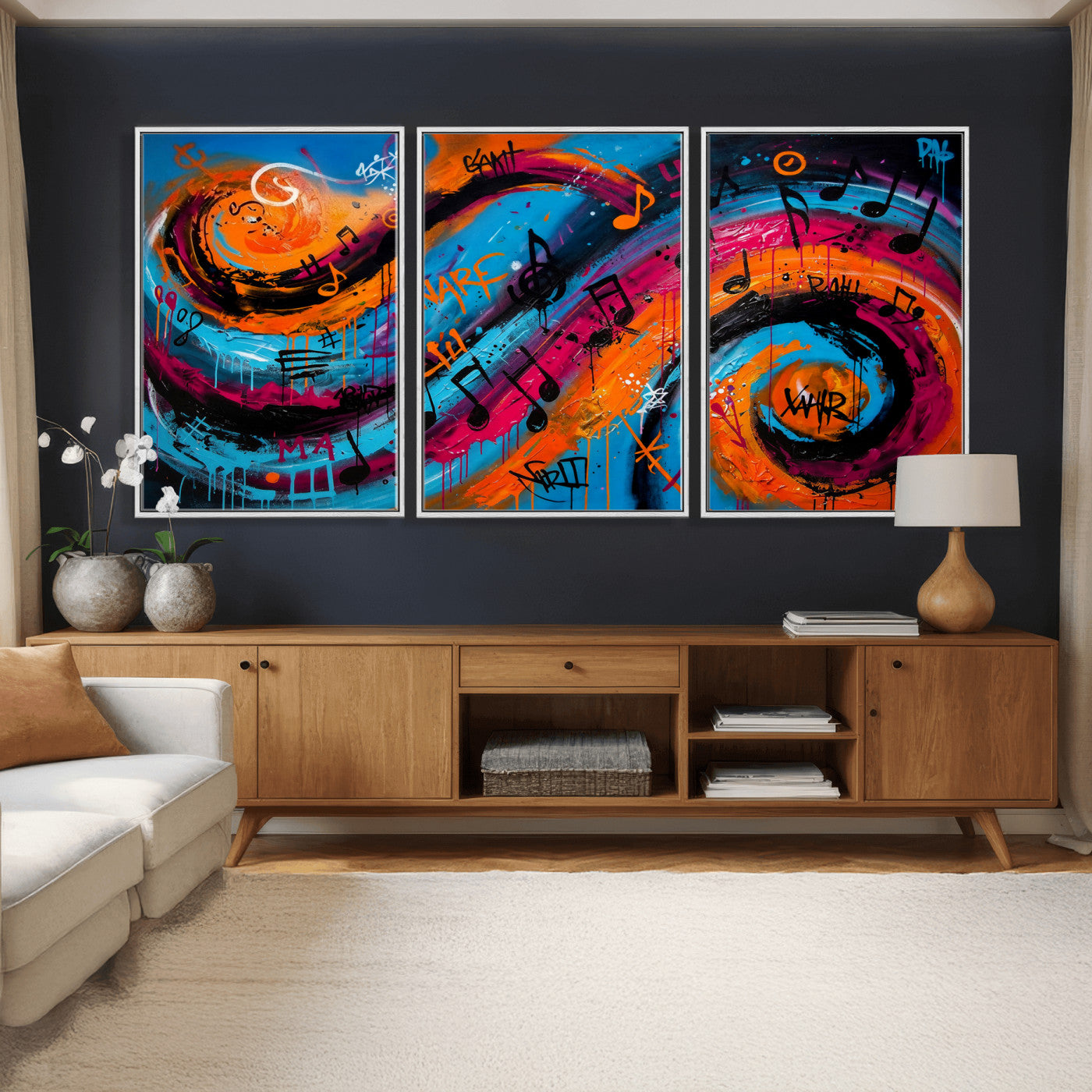 34936518-MGV-CV-36X24 - Geometric Abstract Wall Art Canvas Print, Orange Blue Abstract Expressionist Painting Print, Modern Geometric Abstract Canvas Art