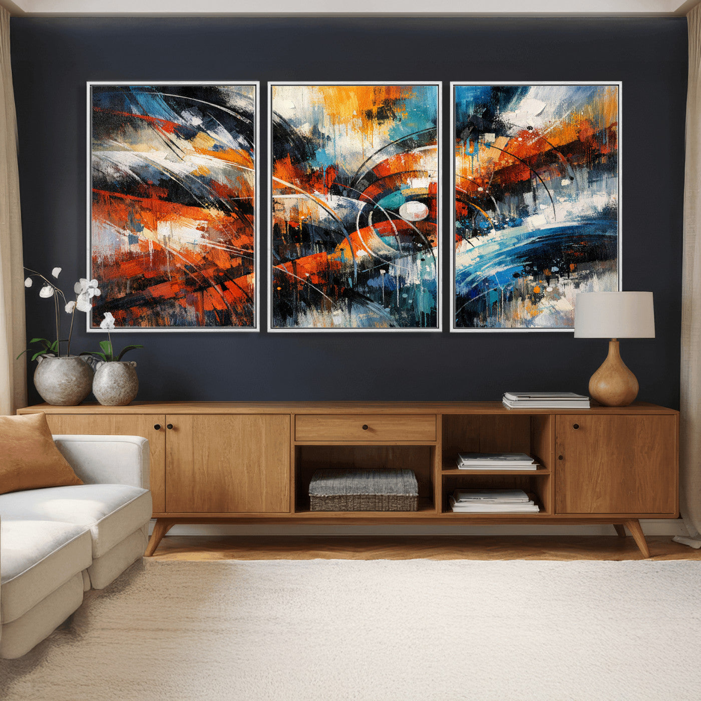 47120691-MGV-CV-36X24 - Geometric Abstract Wall Art Canvas Print, Orange Blue Abstract Expressionist Painting Print, Modern Geometric Abstract Canvas Art