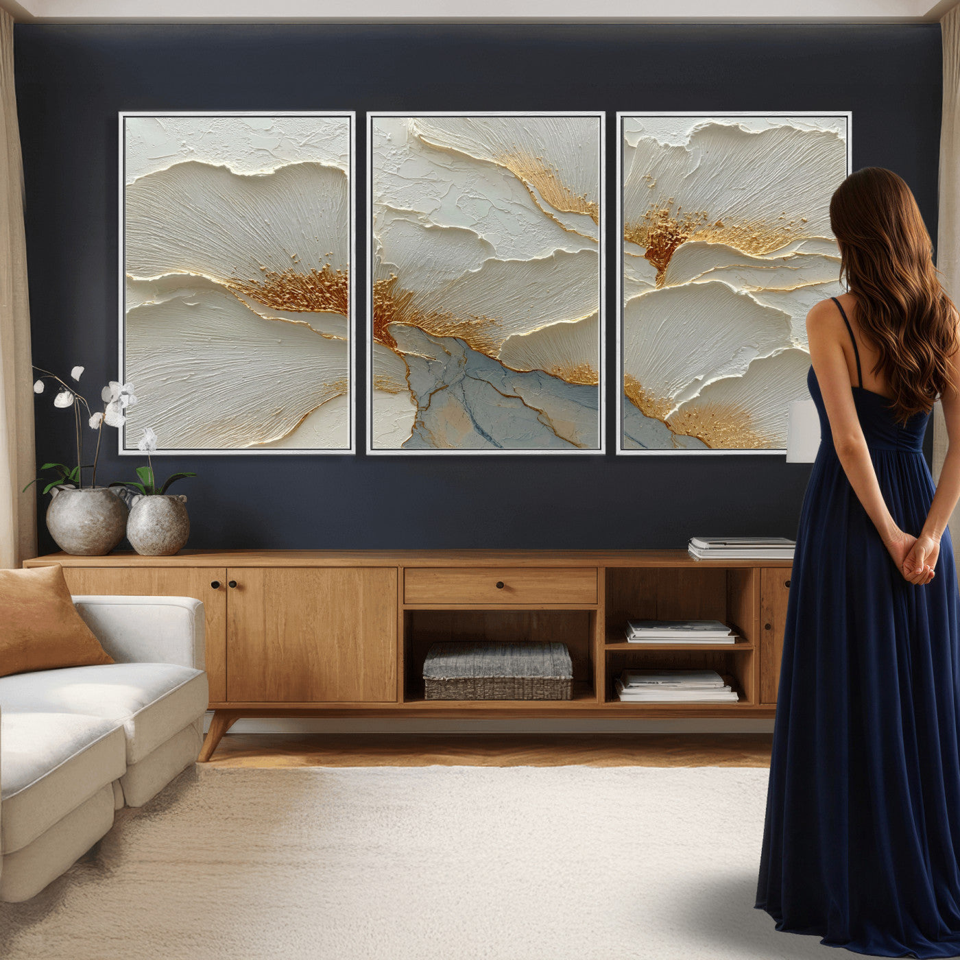 4712069F1-MGV-CV-36X24 - White Gold Floral Canvas Wall Art — Textured Flower Print | Luxury Botanical Decor | Elegant Bedroom Art | Gold Leaf Wall Art Gift