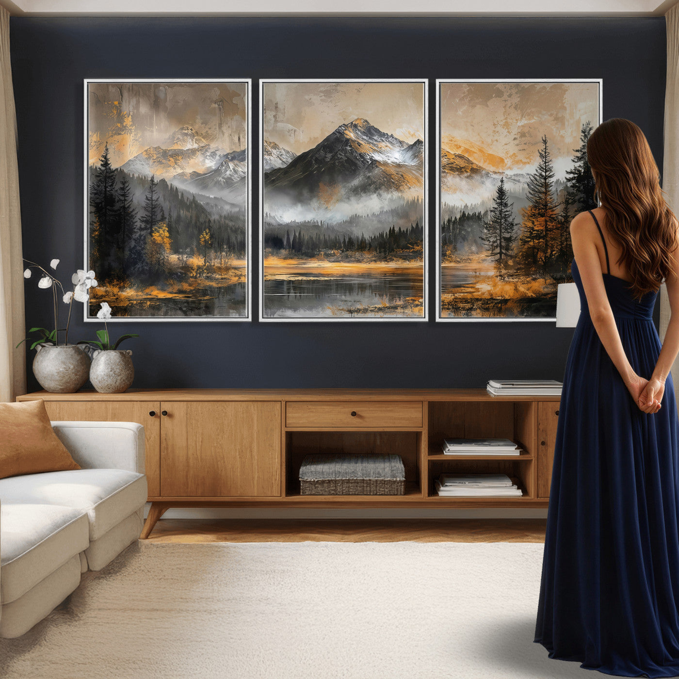 4712069D1-MGV-CV-36X24 - Mountain Lake Canvas Wall Art — Rustic Forest Landscape Print | Gold Grey Nature Decor | Cabin Wall Art | Large Wilderness Art Print Gift