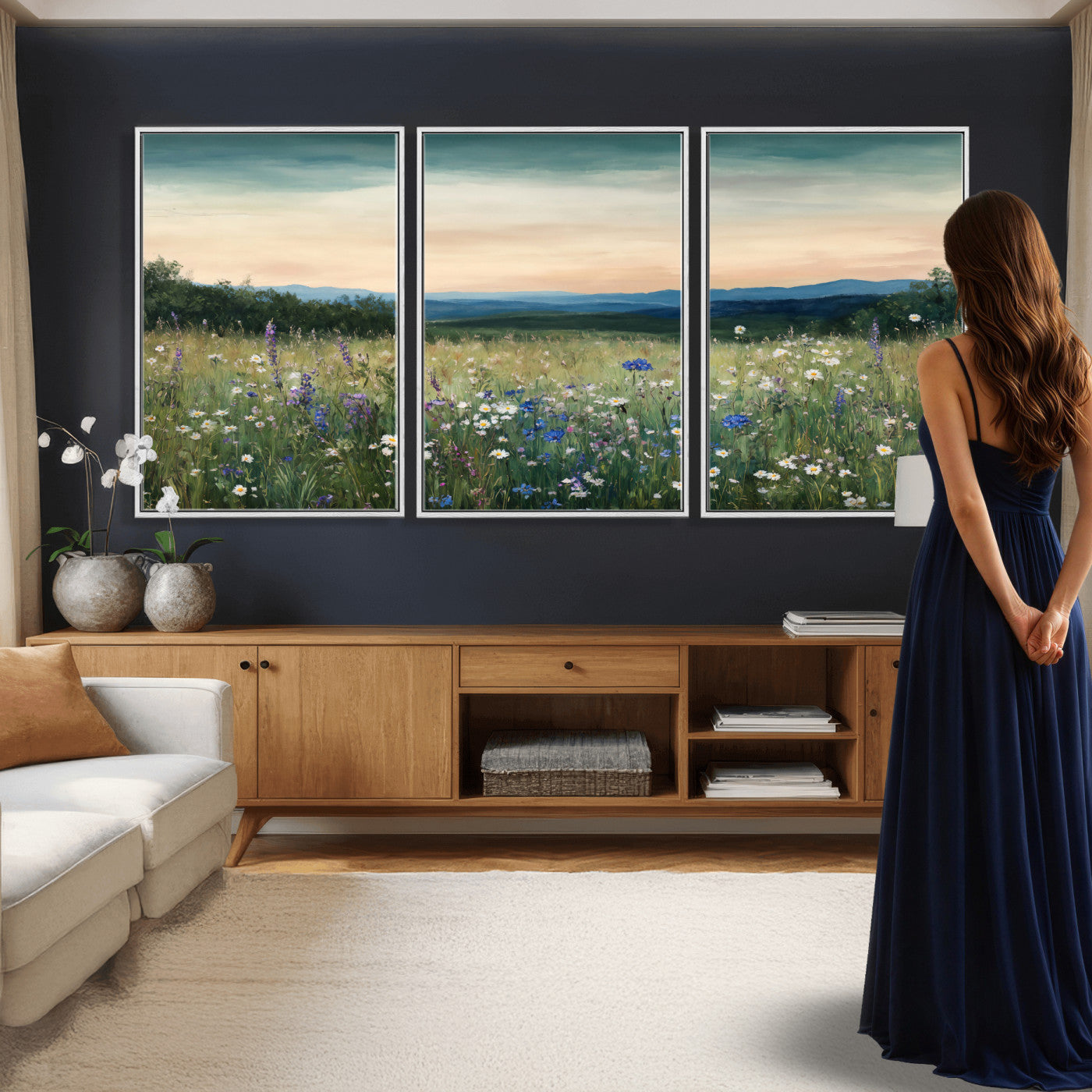 35773805-MGV-CV-36X24 - Wildflower Meadow Oil Painting Canvas Print - Daisy Lavender Mountain Sunset Print | Cottagecore Floral Wall Art - Bedroom Decor Gift for Her