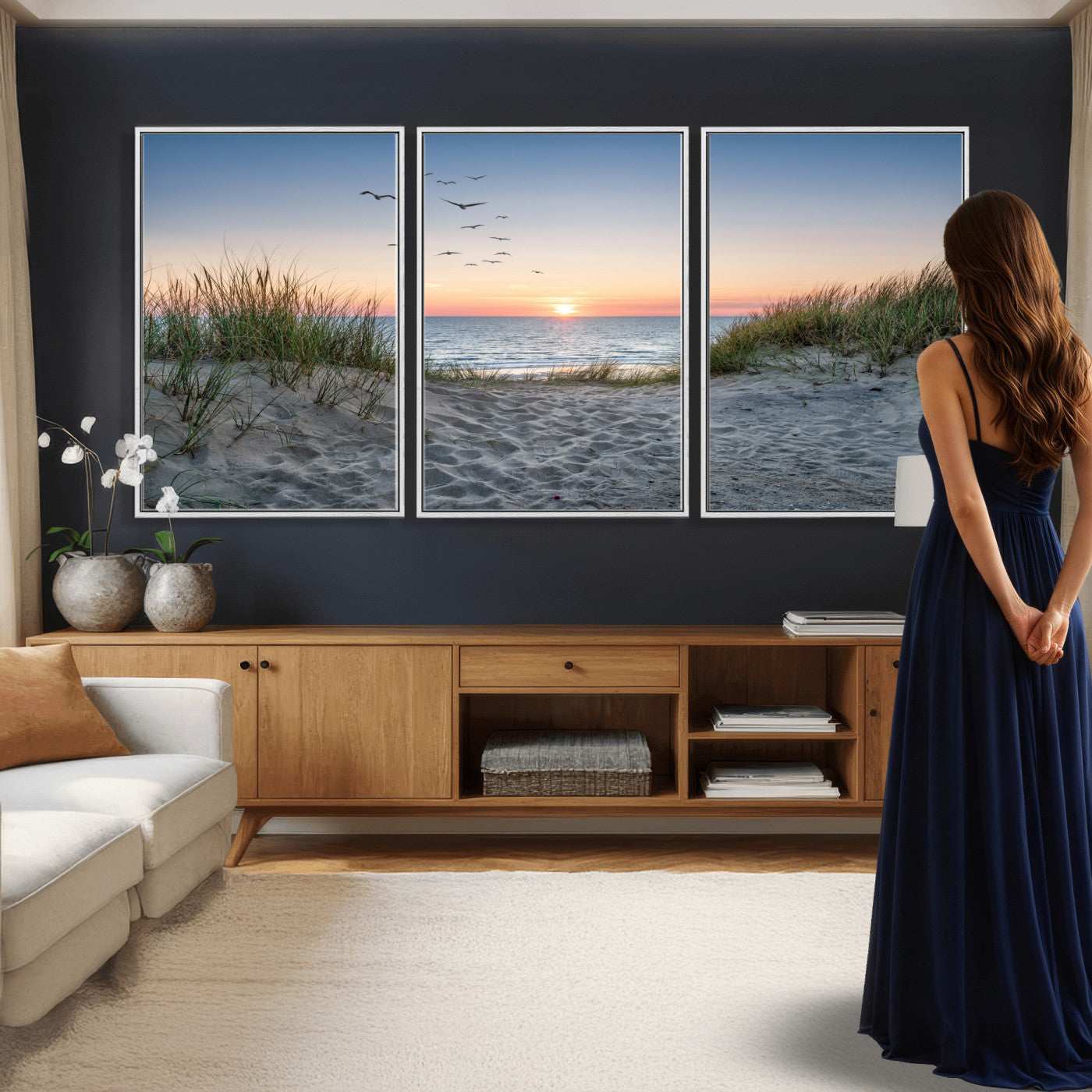 12172032-MGV-CV-36X24 - Sandy Dune Path Sunset Canvas Wall Art — Seagulls Beach Ocean Photography Print | Coastal Home Decor | Nautical Wall Art | Beach House Gift