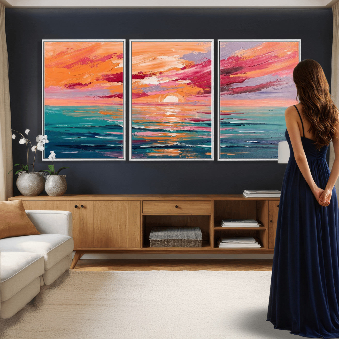 26763902-MGV-CV-36X24 - Bold Palette Knife Ocean Sunset Canvas — Orange Pink Teal Expressionist Sea Print | Colorful Coastal Wall Art | Vibrant Beach Decor Gift