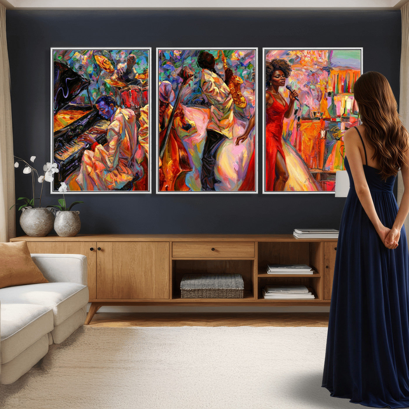72615137-MGV-CV-36X24 - African American Jazz Singer Canvas Art - Red Dress Black Woman Music Print | Colorful Jazz Band Wall Decor | Living Room Gift for Her