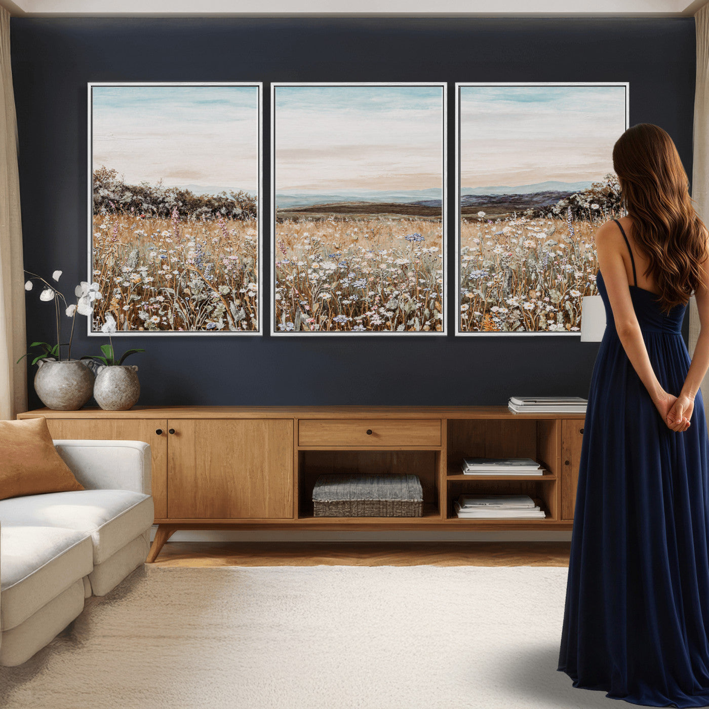 F35773805-MGV-CV-36X24 - Neutral Wildflower Field Canvas Wall Art — Beige Earth Tone Botanical Meadow Print | Farmhouse Boho Decor | Bedroom Living Room Gift Her