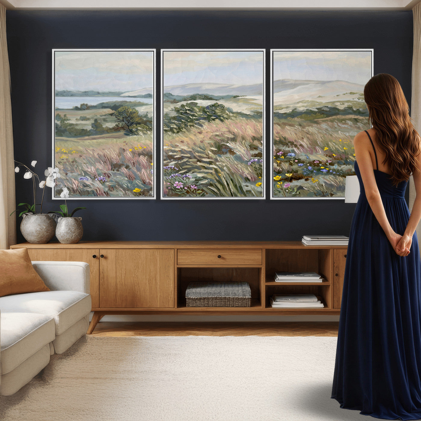 18013232-MGV-CV-36X24 - Katie Staples Hillside Canvas Wall Art — Coastal Wildflower Dune Oil Painting Print | Muted Green Nature Decor | Plein Air Landscape Gift