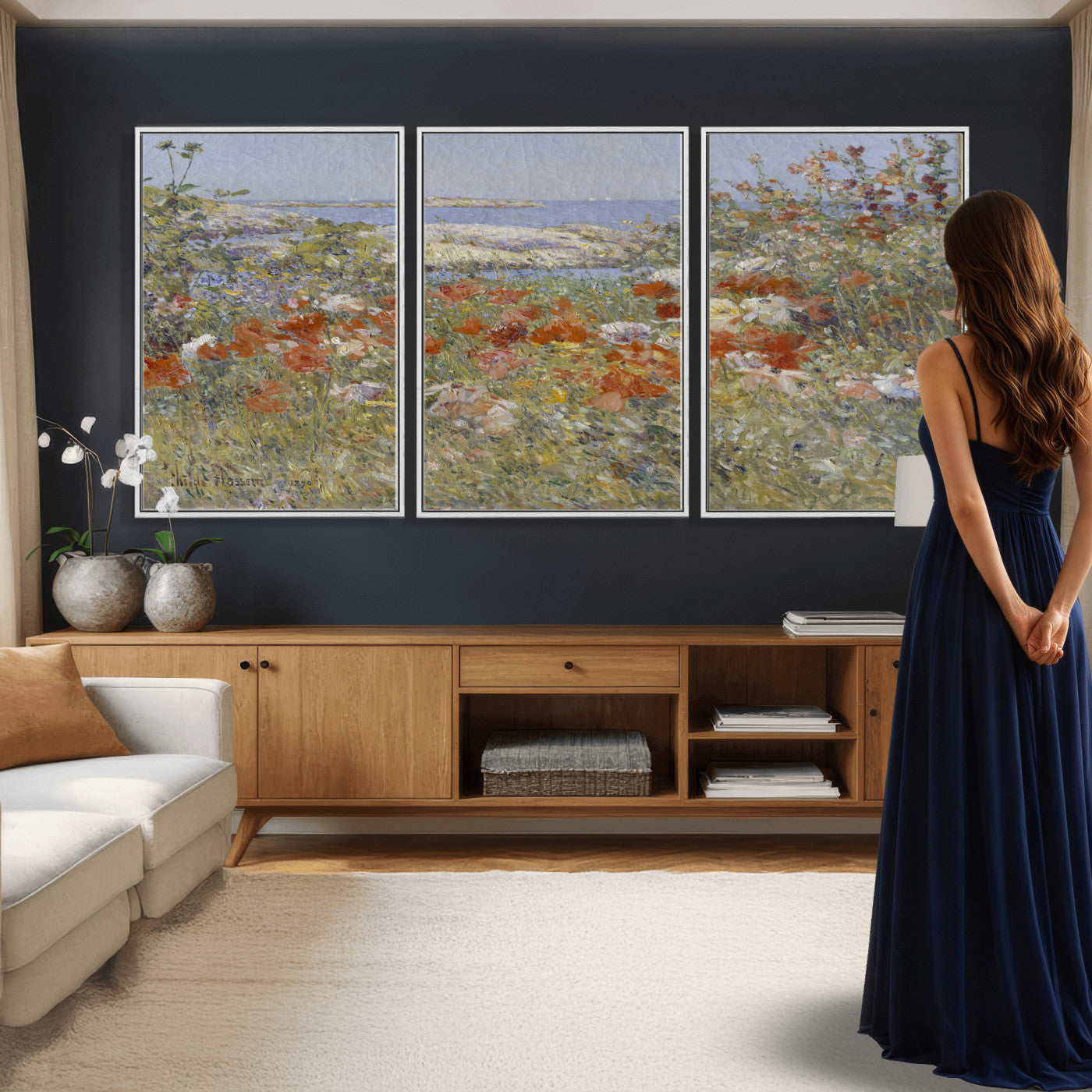 54770907-MGV-CV-36X24 - Childe Hassam Celia Thaxter Garden Canvas — 1890 American Impressionist Poppy Floral Print | Isles of Shoals Coastal Art | Classic Gift