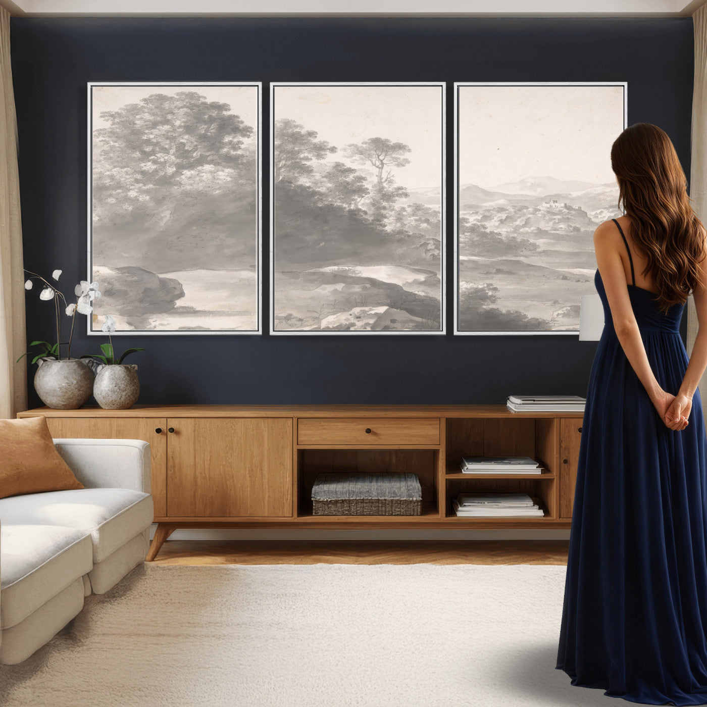 33041209-MGV-CV-36X24 - Van Poelenburch Landscape Canvas Wall Art — Dutch Golden Age Gray Wash Drawing Print | Baroque Italianate Nature Decor | Old Master Classic Gift