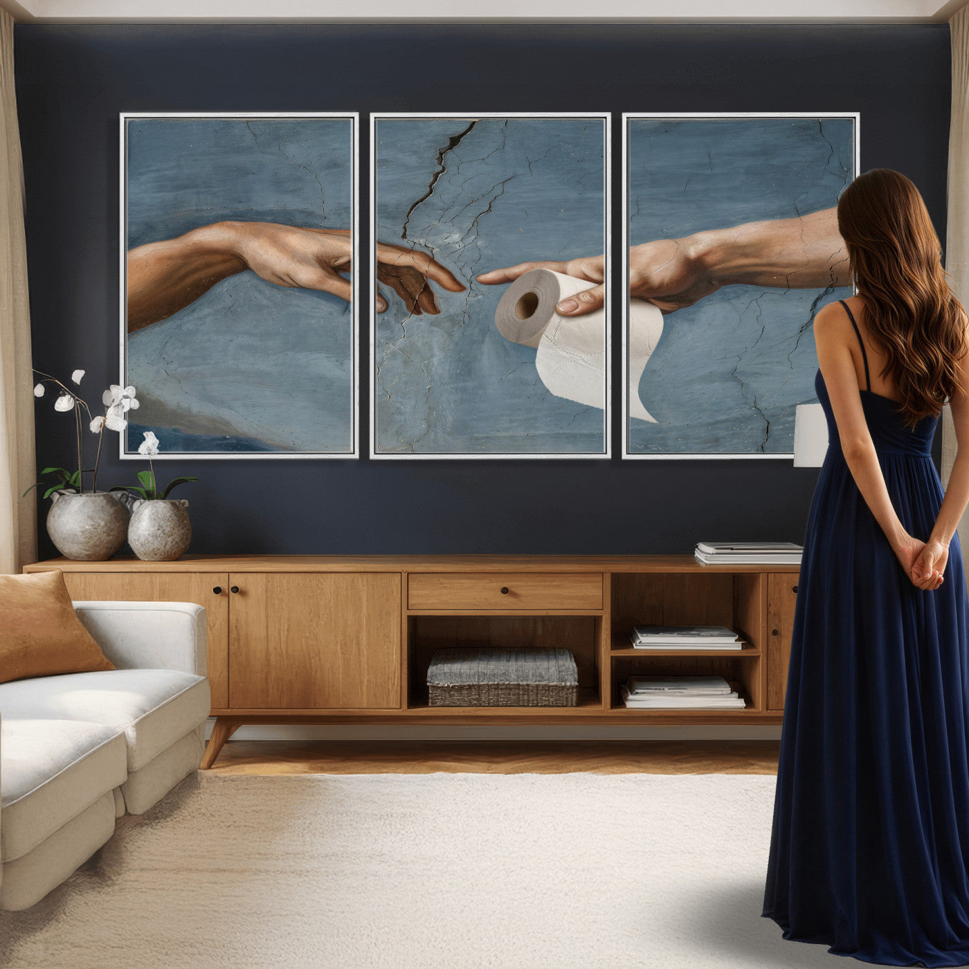 42648143-MGV-CV-36X24 - Funny Bathroom Canvas Wall Art, Michelangelo Creation of Adam Toilet Paper Parody, Renaissance Humor Print, Quirky Housewarming Gift, Toilet Room Decor