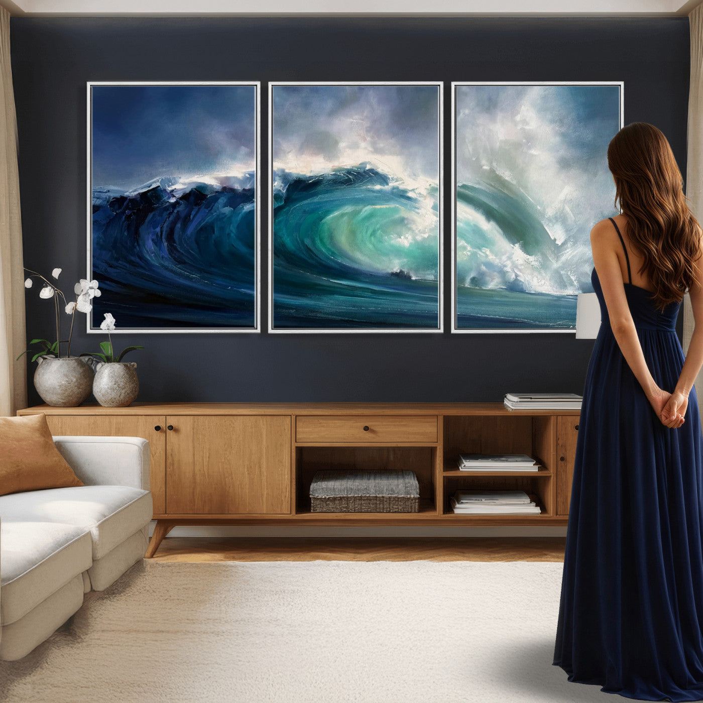 80752160-MGV-CV-60X30-3P - Ocean Wave Canvas Wall Art, Dramatic Teal Blue Seascape Oil Painting Print, Stormy Sea Coastal Decor, Large Beach House Art, Surf Wave Statement Art