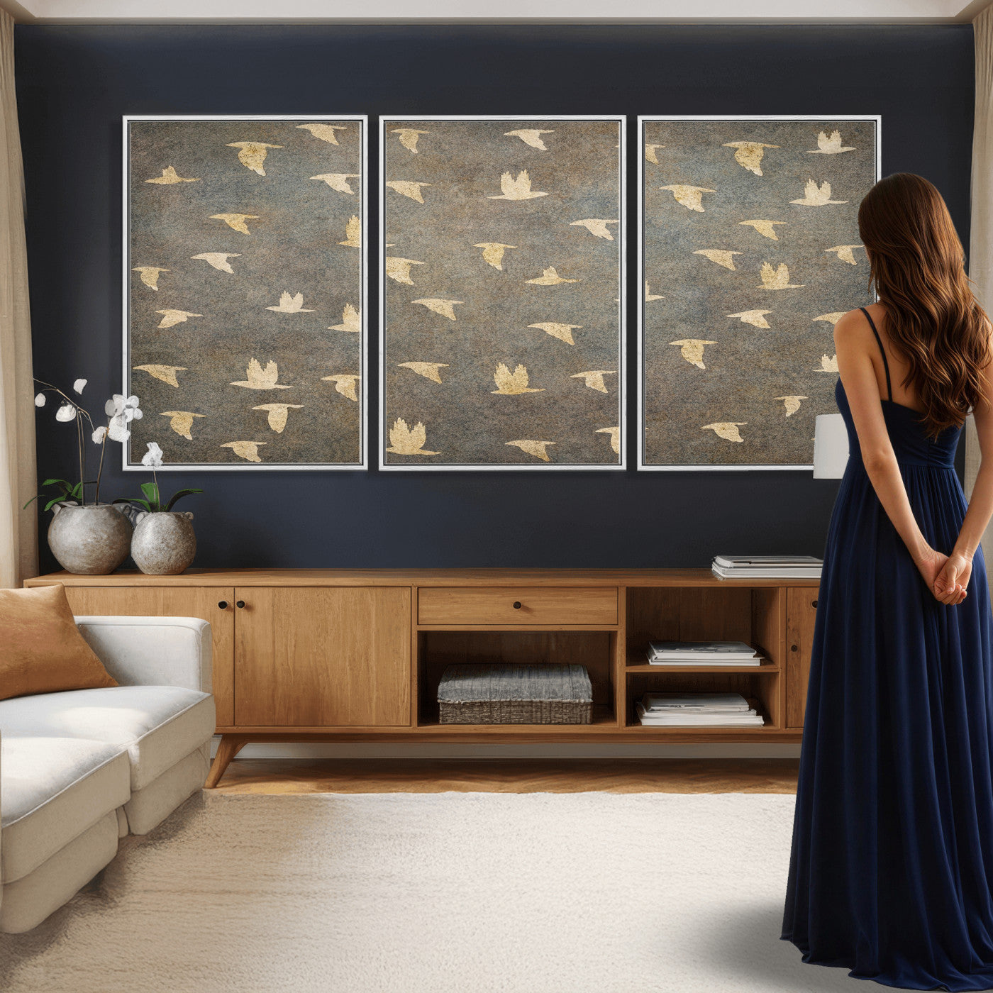 74076164-MGV-CV-36X24 - Flying Birds Canvas Wall Art, Vintage Bird Flock Pattern Print, Grey Gold Abstract Nature Decor, Rustic Bird Silhouette Art, Boho Living Room Decor