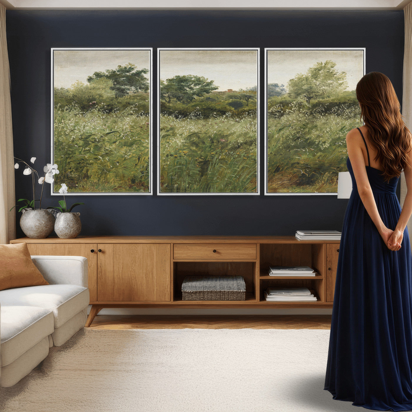 92328261-MGV-CV-36X24 - Wildflower Meadow Canvas Wall Art, Impressionist Overgrown Field Painting Print, Vintage Green Nature Decor, Cottagecore Botanical Art, Living Room Print