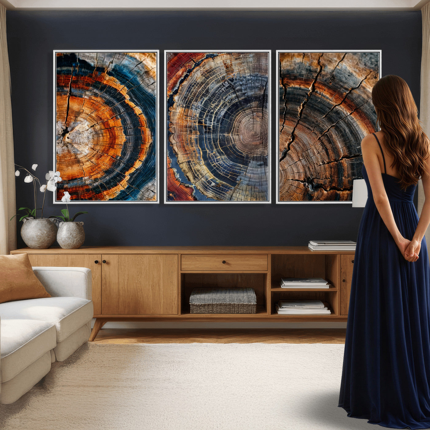53873594-MGV-CV-60X30-3P - Tree Ring Canvas Wall Art, Wood Cross Section Triptych Print, Rustic Nature Abstract Decor, Earthy Boho Wall Art, Modern Farmhouse Living Room