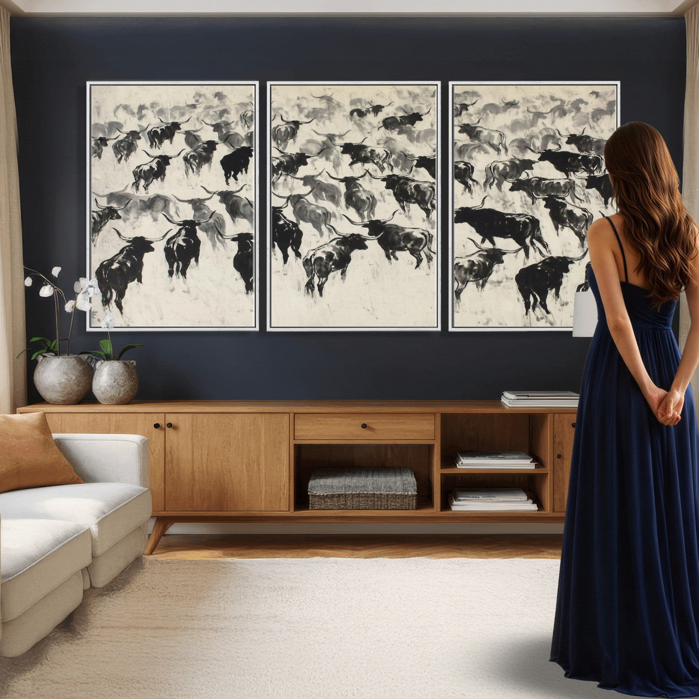 68669792-MGV-CV-36X24 - Longhorn Cattle Canvas Wall Art, Black White Stampede Ink Painting Print, Western Farmhouse Decor, Bull Herd Art, Large Living Room Wall Art, Ranch Home Decor