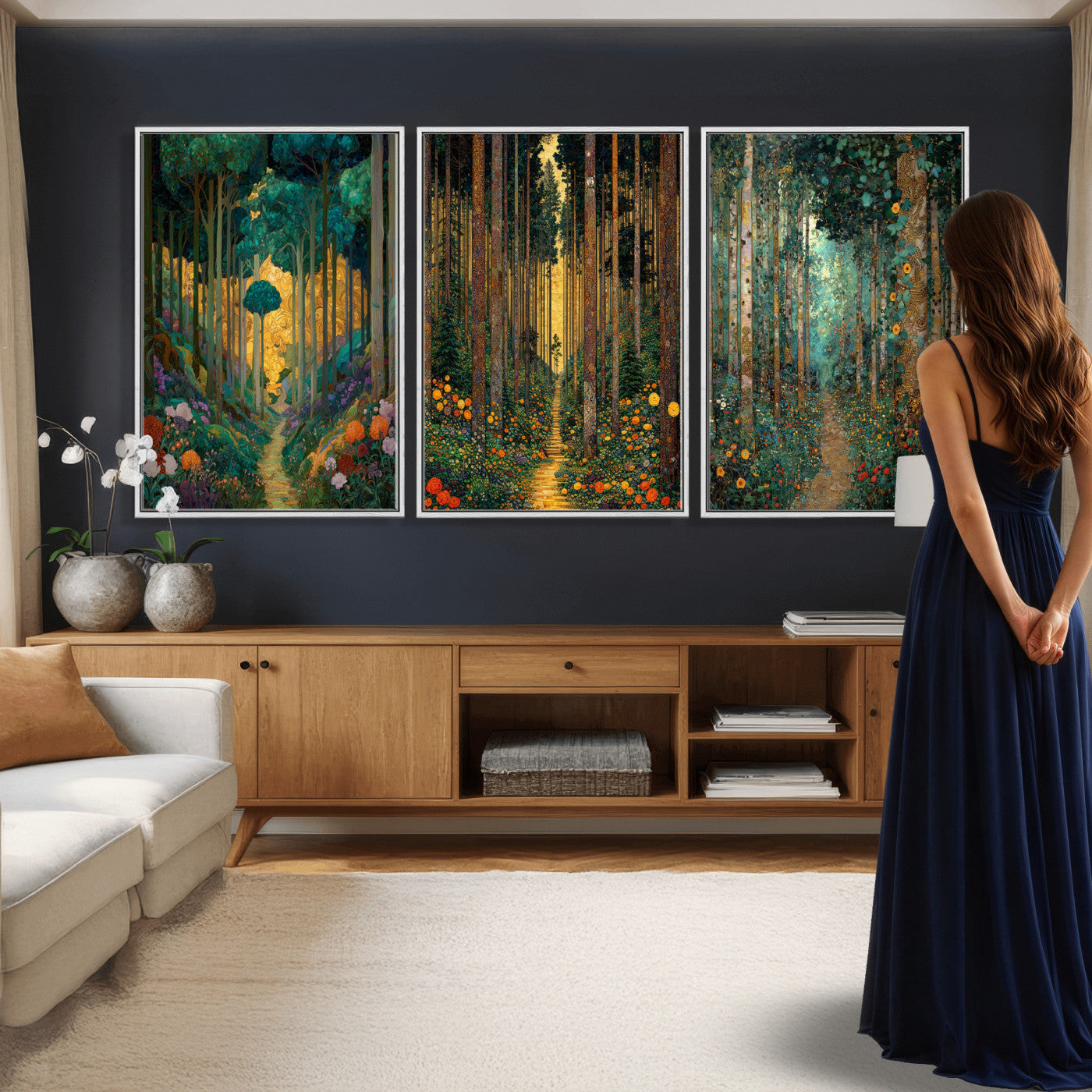 79483321-MGV-CV-60X30-3P - Gustav Klimt Style Forest Canvas Wall Art, Golden Forest Path Floral Art Nouveau Print, Enchanted Woodland Decor, Maximalist Colorful Nature Art