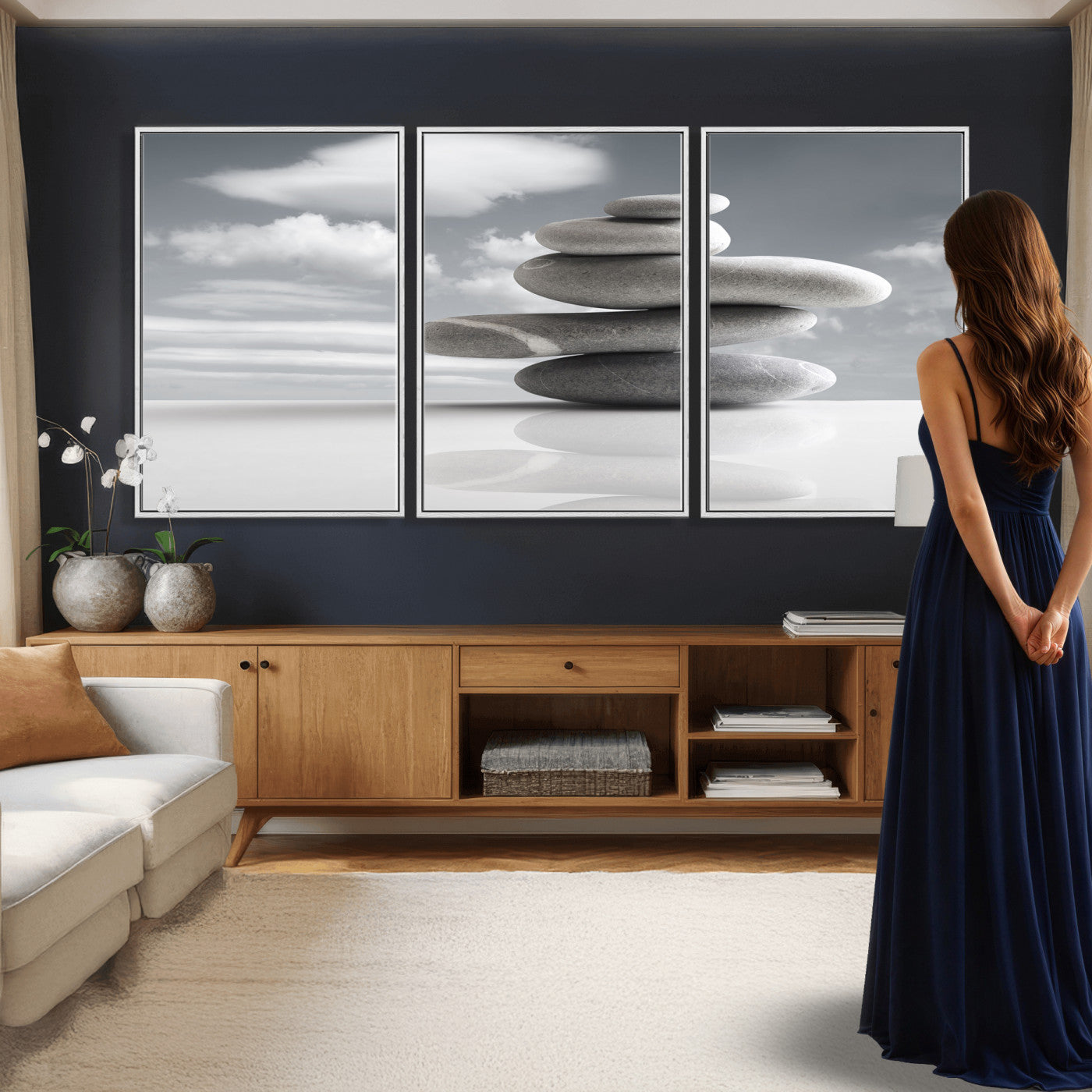 86426188-MGV-CV-36X24 - Zen Stone Wall Art Canvas Print, Balanced Rock Stack Framed Spa Artwork, Minimalist Meditation Decor for Living Room Bedroom Office Bathroom