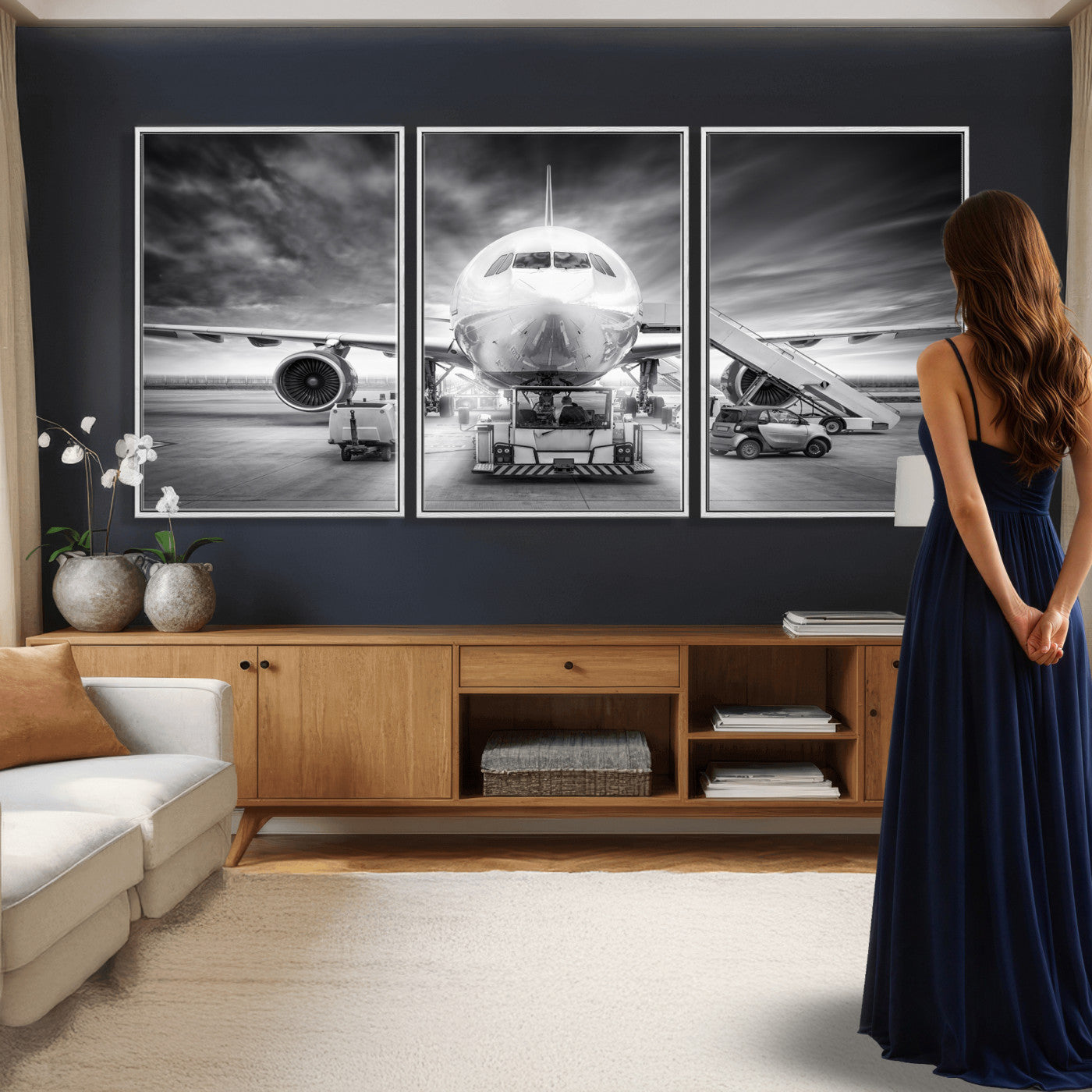 85885848-MGV-CV-36X24 - Airplane Wall Art Canvas Print, Black and White Jet Aircraft Airport Runway Framed Aviation Artwork for Pilot Office Hangar Travel Decor