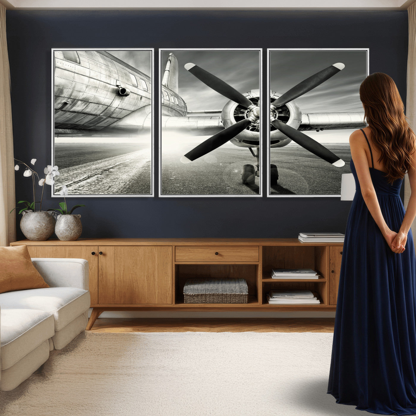 16420255-MGV-CV-36X24 - Vintage Airplane Wall Art Canvas Print, Black and White Propeller Aircraft Framed Aviation Artwork for Pilot Office Hangar Living Room Decor