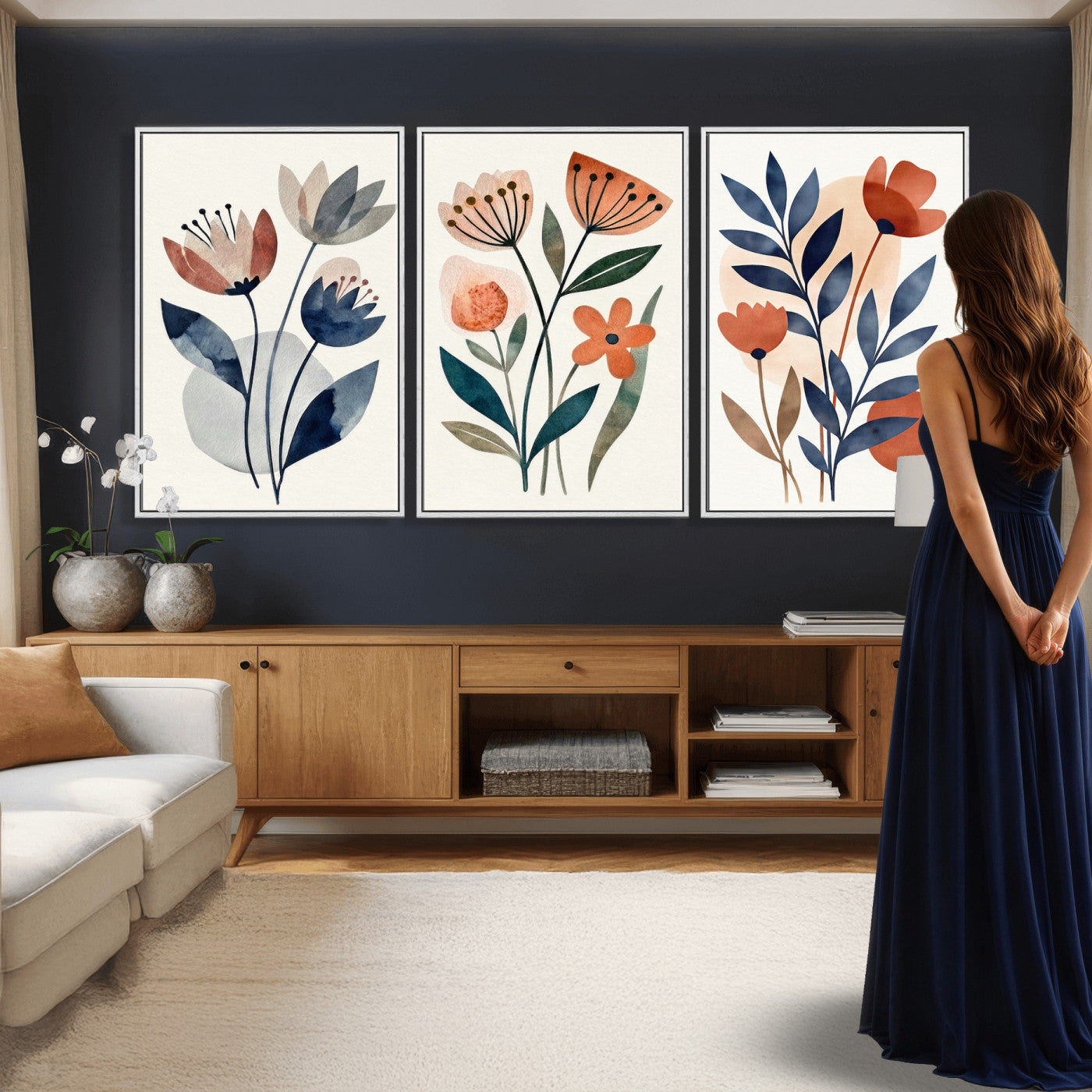 64426285-MGV-CV-60X30-3P - Watercolor Botanical Canvas Wall Art Set, Navy Terracotta Floral Triptych Print, Minimalist Flower Decor, Boho Living Room Art, Scandinavian Nature Print
