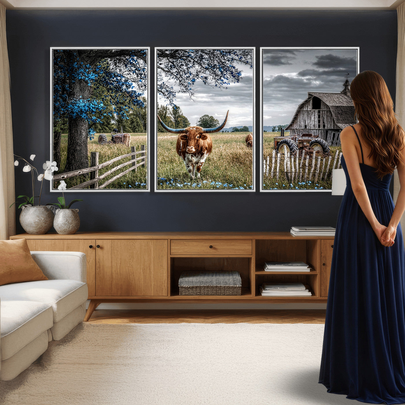 40526446-MGV-CV-60X30-3P - Texas Longhorn Canvas Wall Art, Rustic Farm Barn Bluebonnet Photography Print, Farmhouse Country Decor, Western Ranch Art, Old Truck Tractor Print