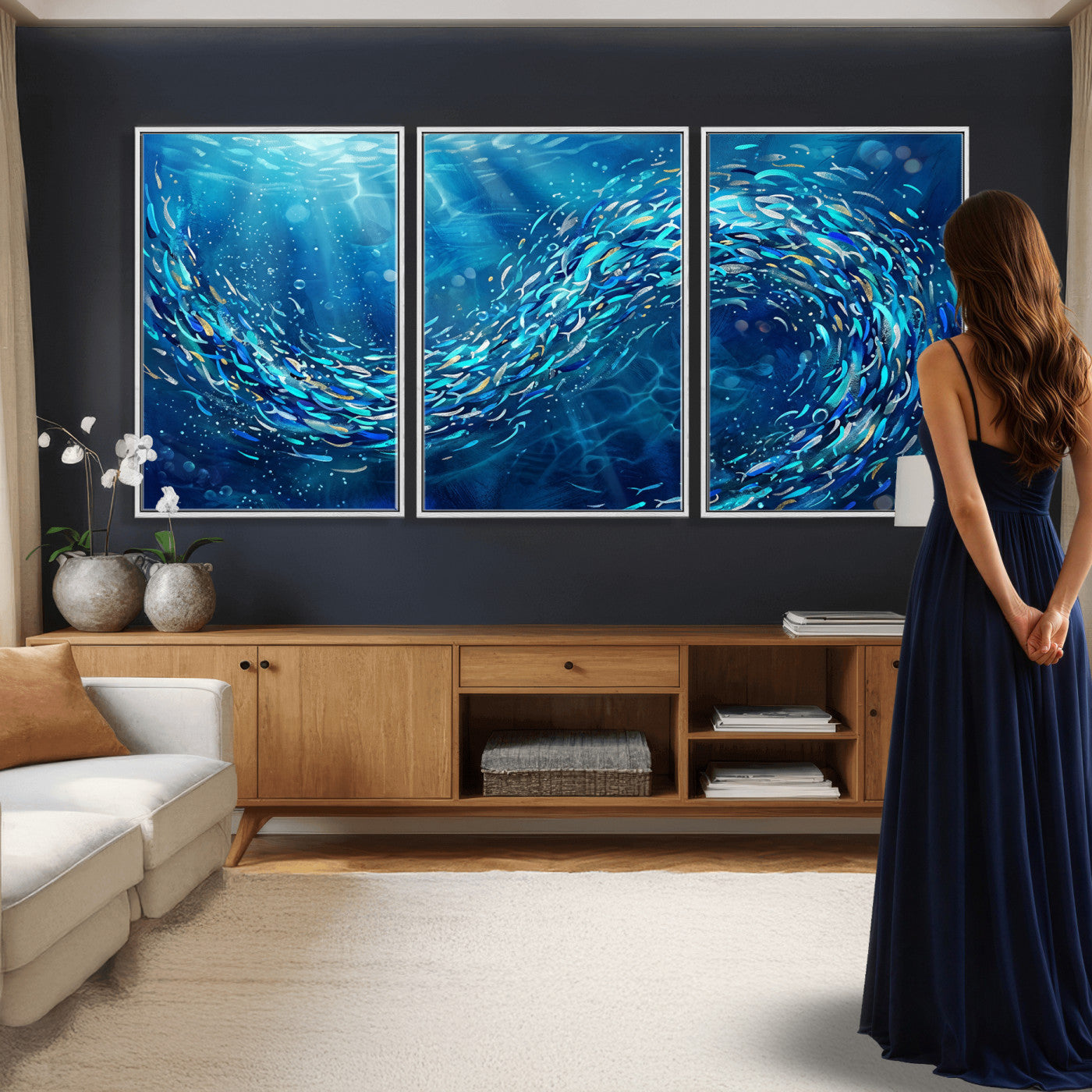 54535639-MGV-CV-36X24 - School of Fish Canvas Print | Blue Ocean Underwater Wall Art | Swirling Fish Shoal Illustration | Marine Navy Coastal Decor