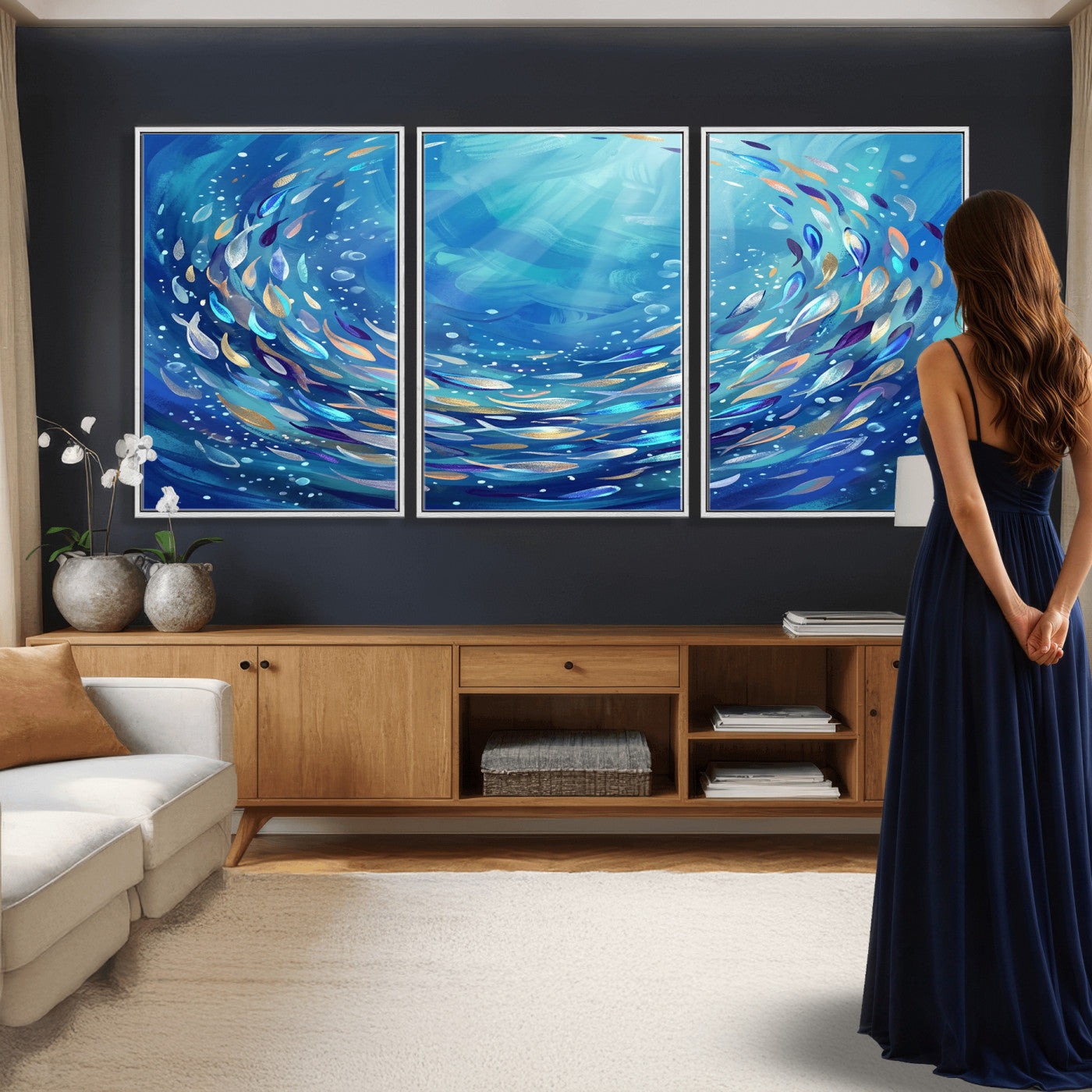 78699899-MGV-CV-36X24 - School of Fish Canvas Print | Blue Ocean Underwater Wall Art | Swirling Fish Shoal Illustration | Marine Navy Coastal Decor