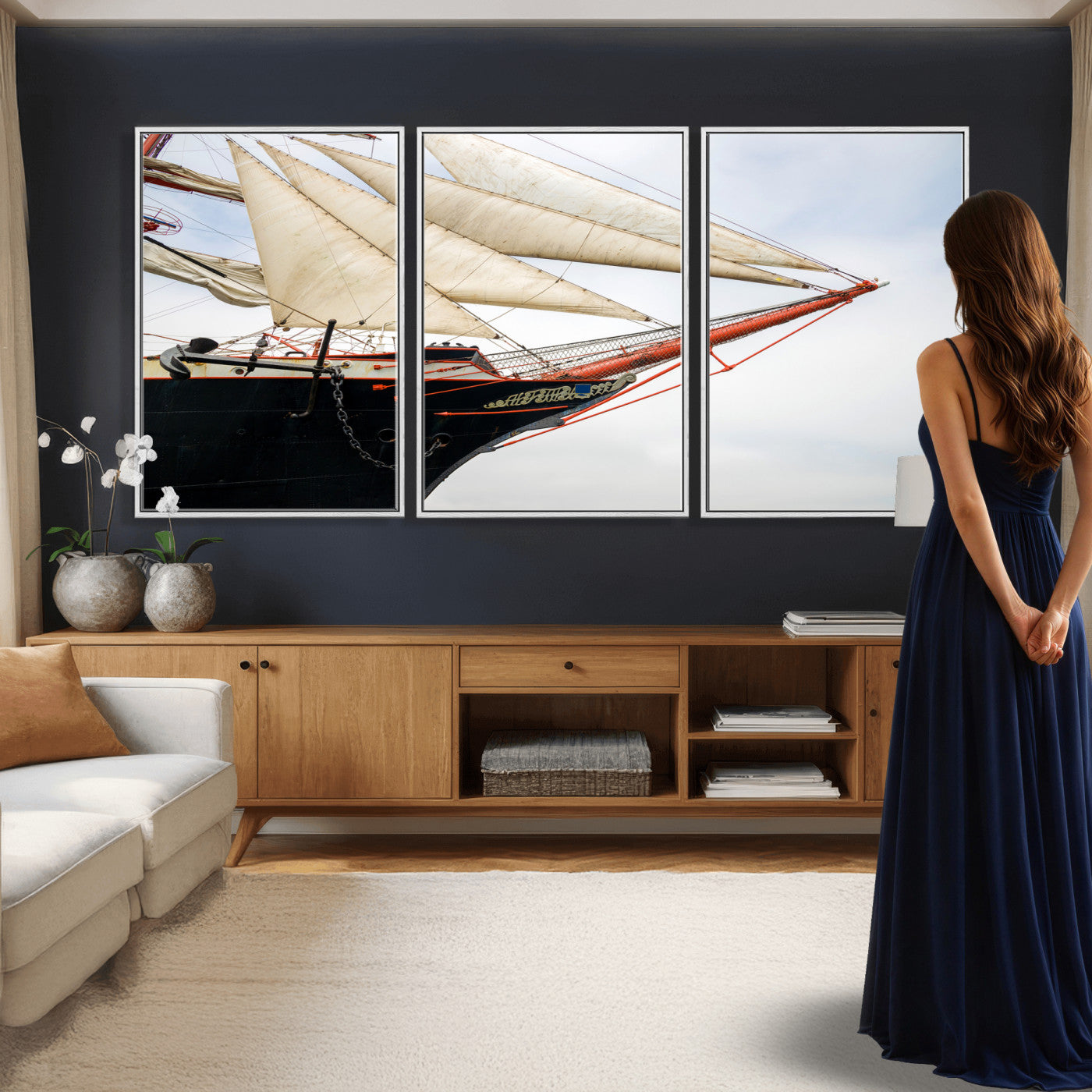 64830036-MGV-CV-36X24 - Sailboat Wall Art Canvas Print, Vintage Ship Bow Framed Artwork, Nautical Sailing Decor for Living Room Office Beach House