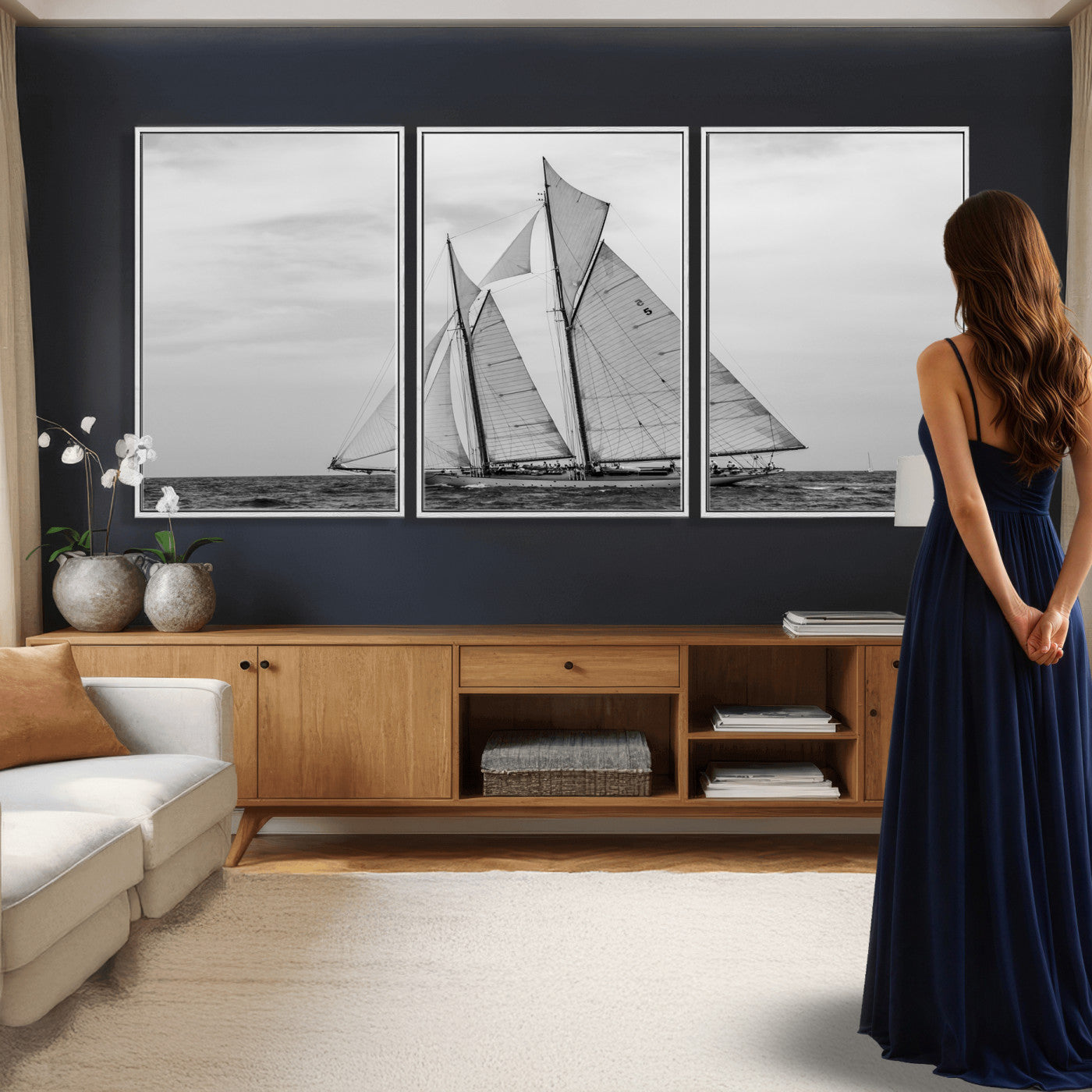 52882918-MGV-CV-36X24 - Vintage Sailboat Wall Art Canvas Print, Black and White Schooner Framed Artwork, Nautical Ocean Sailing Decor for Living Room Office Beach House