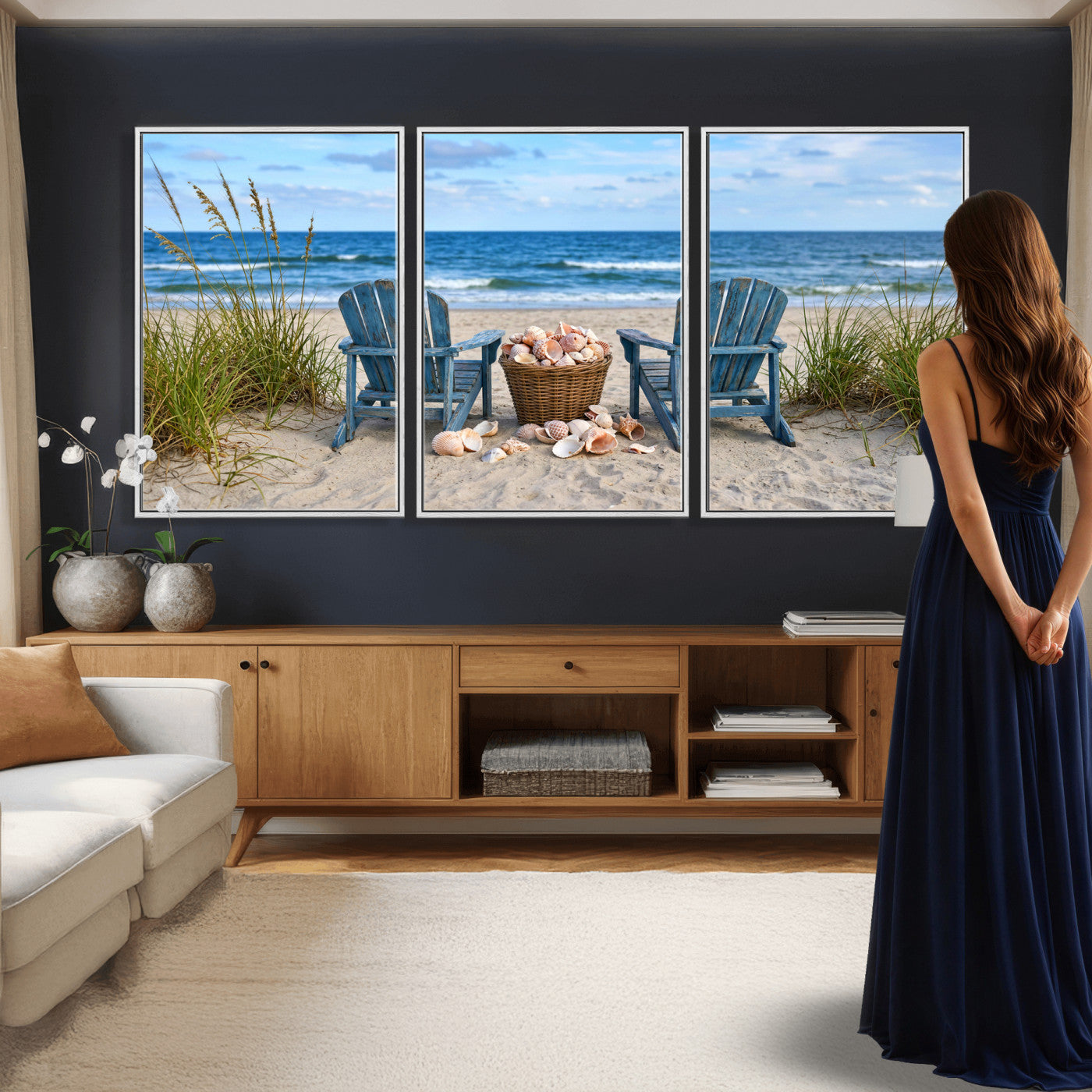 80268829-MGV-CV-36X24 - Large Beach Canvas Wall Art Coastal Adirondack Chairs Ocean Seashells Blue Nautical Framed Large for Living Room Bedroom Bathroom Decor