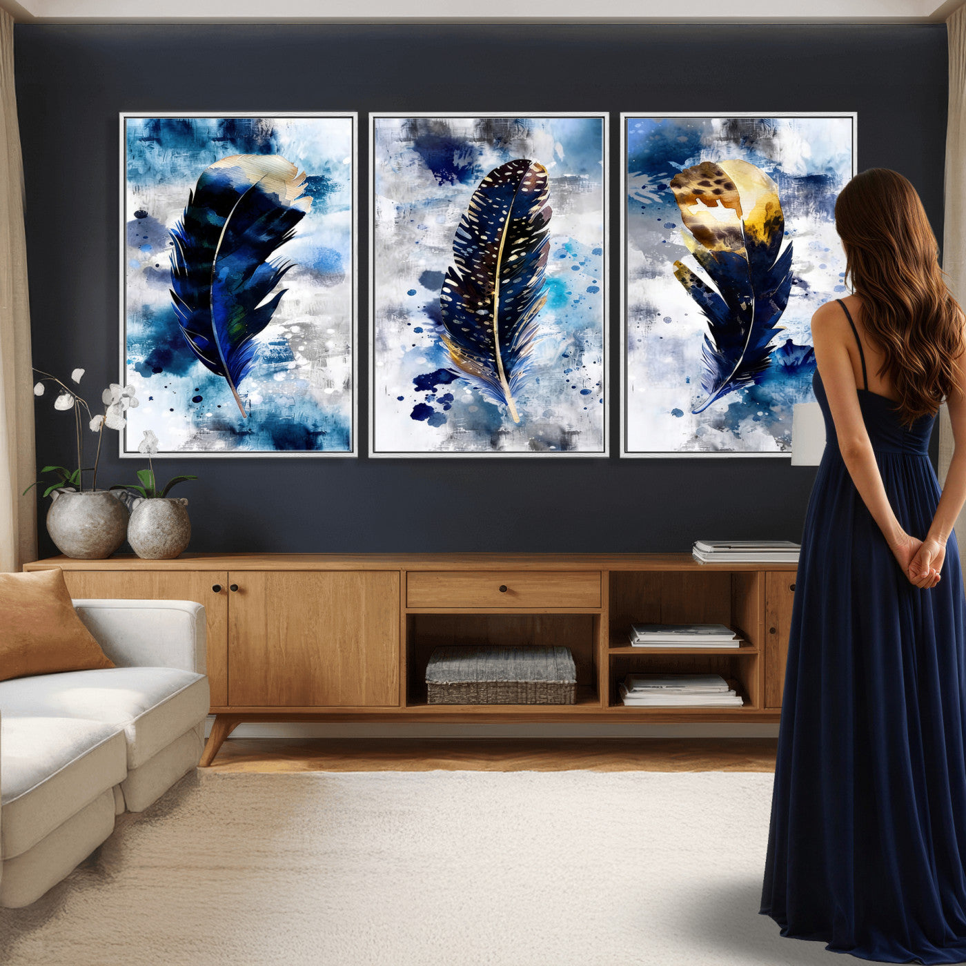 74325132F-MGV-CV-60X30-3P - Feather Canvas Wall Art Navy Blue Gold Watercolor Abstract Boho Eclectic Framed Large for Living Room Bedroom Office Entryway Decor
