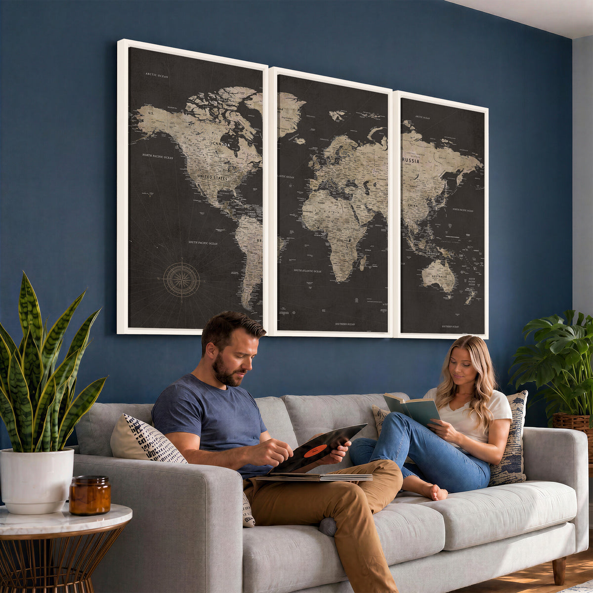 56556018136-MGV-CV-36X24 - World Map Canvas Wall Art, Dark Charcoal and Antique Tan Detailed Map