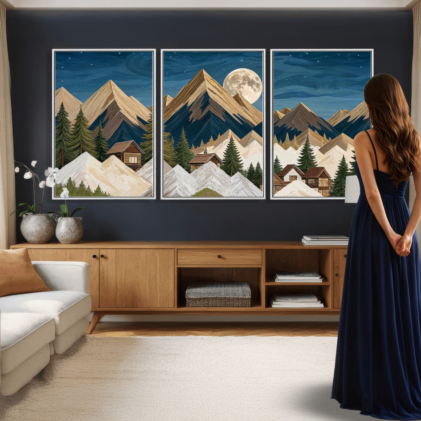 17622011MO-MGV-CV-60X30-3P - Moonlit Mountain Cabin Wall Art Canvas Print, Rustic Mountain Landscape Canvas Print, Woodland Cabin Wall Decor, Framed Nature Artwork Ready to Hang