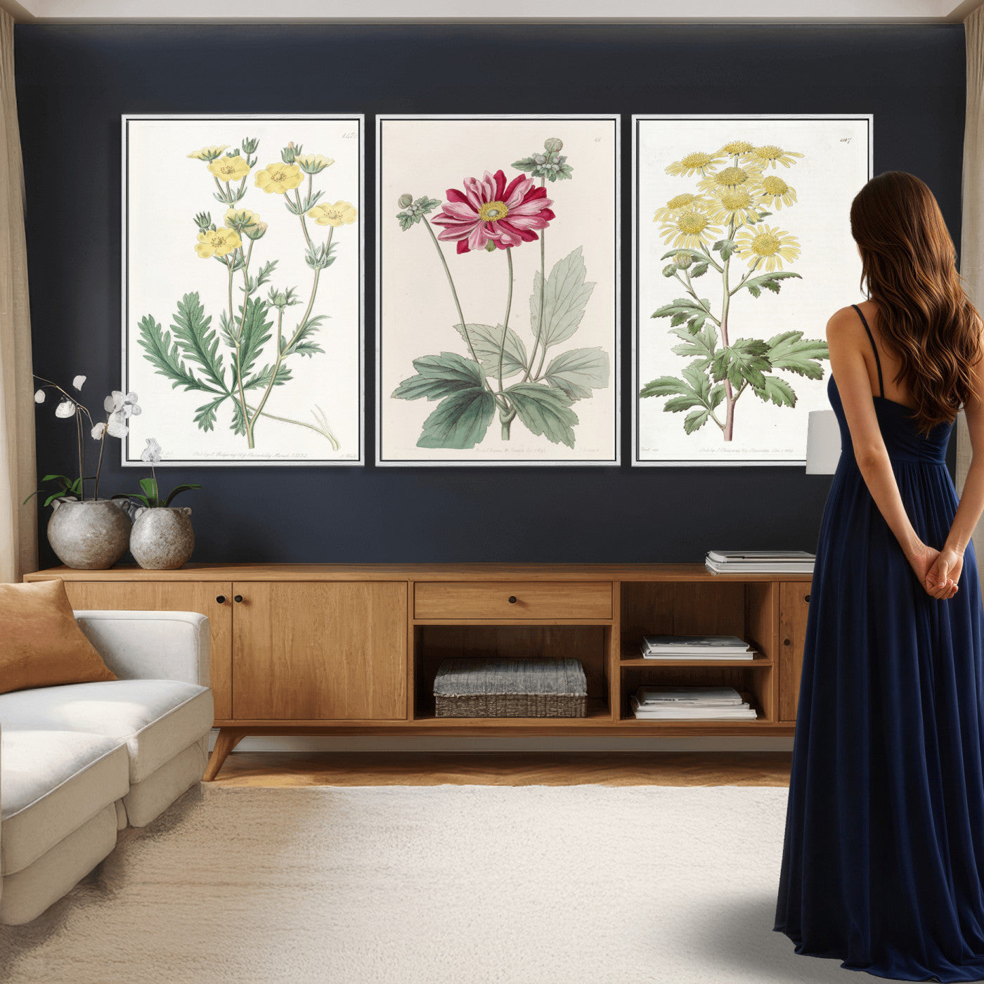 17622011MF-MGV-CV-60X30-3P - Antique Botanical Canvas Wall Art, Victorian Flower Illustration Triptych Print, Cottagecore Vintage Botanical Decor