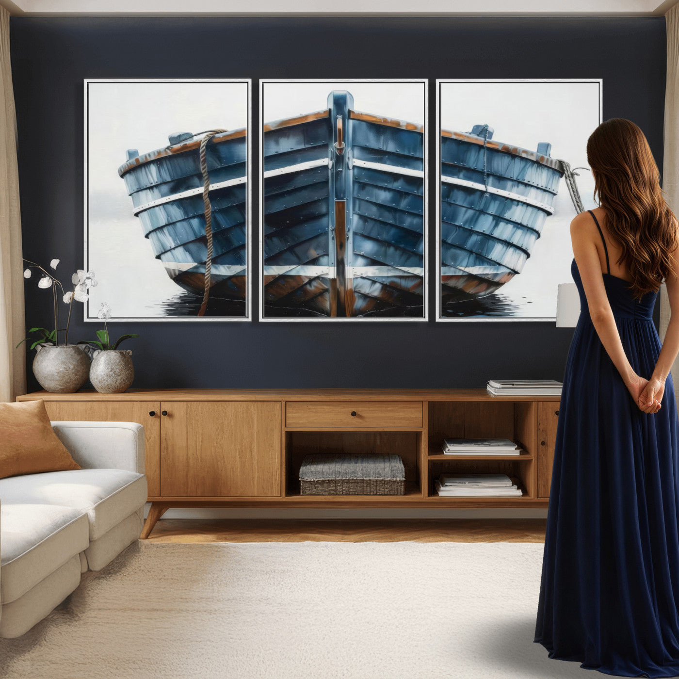 21601740-MGV-CV-36X24 - Blue Wooden Rowboat Canvas Wall Art, Coastal Nautical Boat Painting Print for Lake Beach House Decor, Minimalist Maritime Decor Artwork