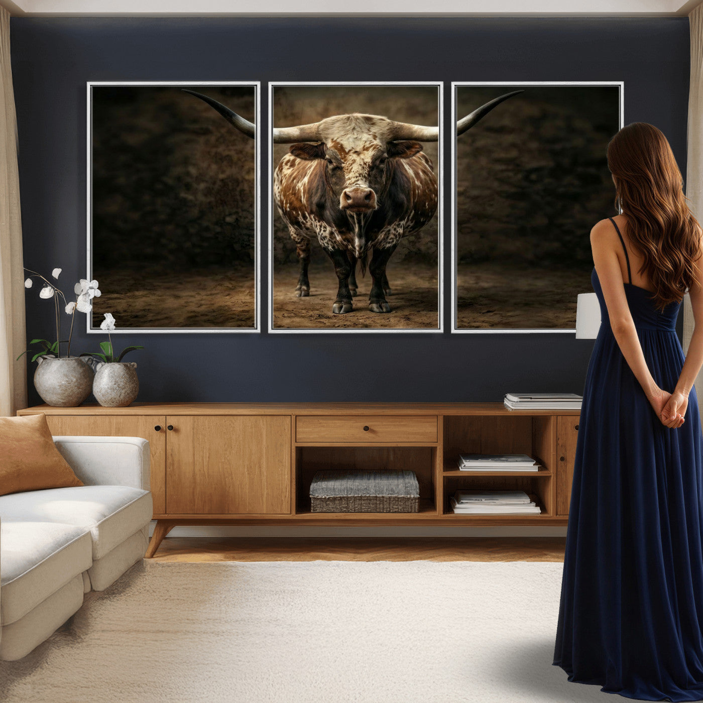 59378683-MGV-CV-60X30-3P - Texas Longhorn Bull Canvas Wall Art, Western Ranch Cattle Photography Print, Rustic Farmhouse Cowboy Decor Artwork