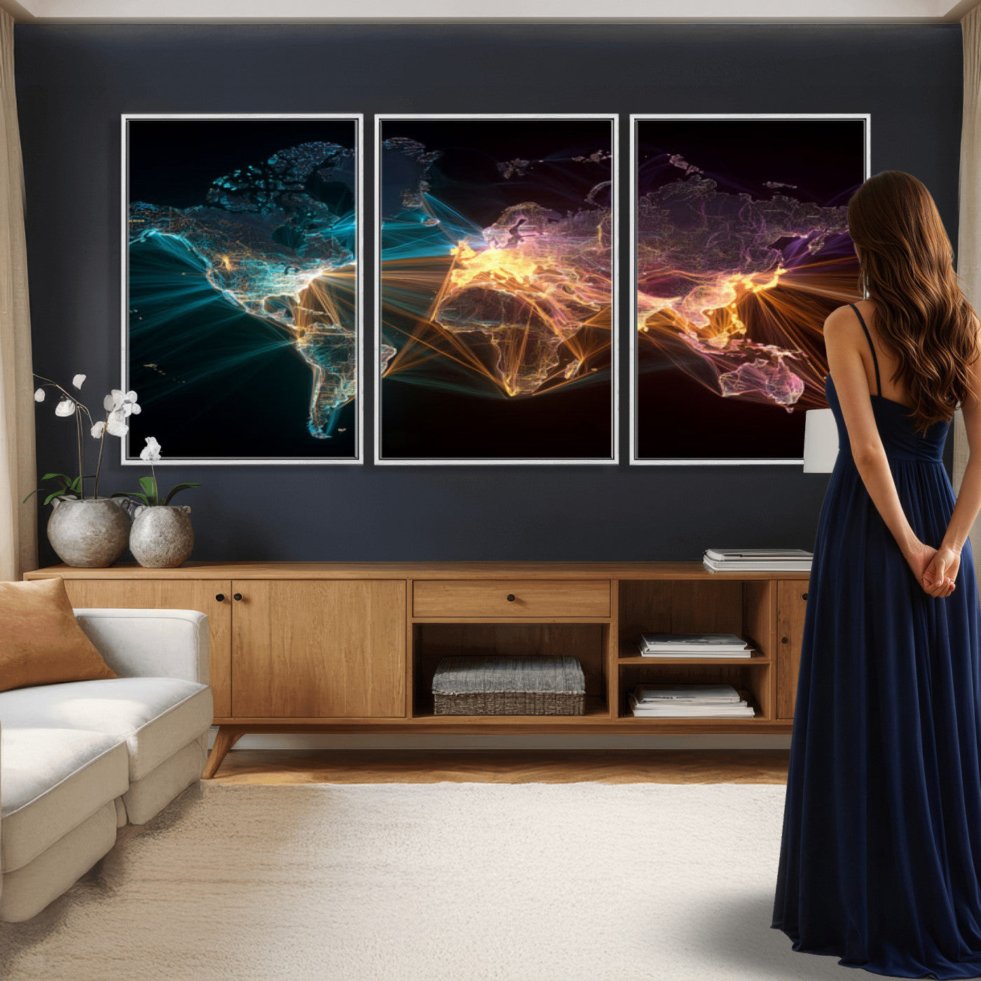 14891737-MGV-CV-36X24 - World Map and Global Flight Routes Map Canvas Wall Art, Worldwide Aviation Network Print, International Air Travel Wall Decor