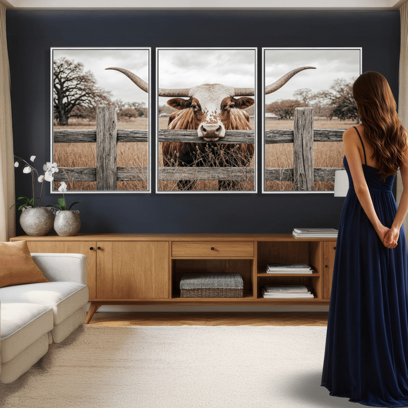 59378683N-MGV-CV-60X30-3P - Farmhouse Texas Longhorn Bull Canvas Wall Art, Western Ranch Cattle Photography Print, Rustic Barn Cowboy Decor Artwork