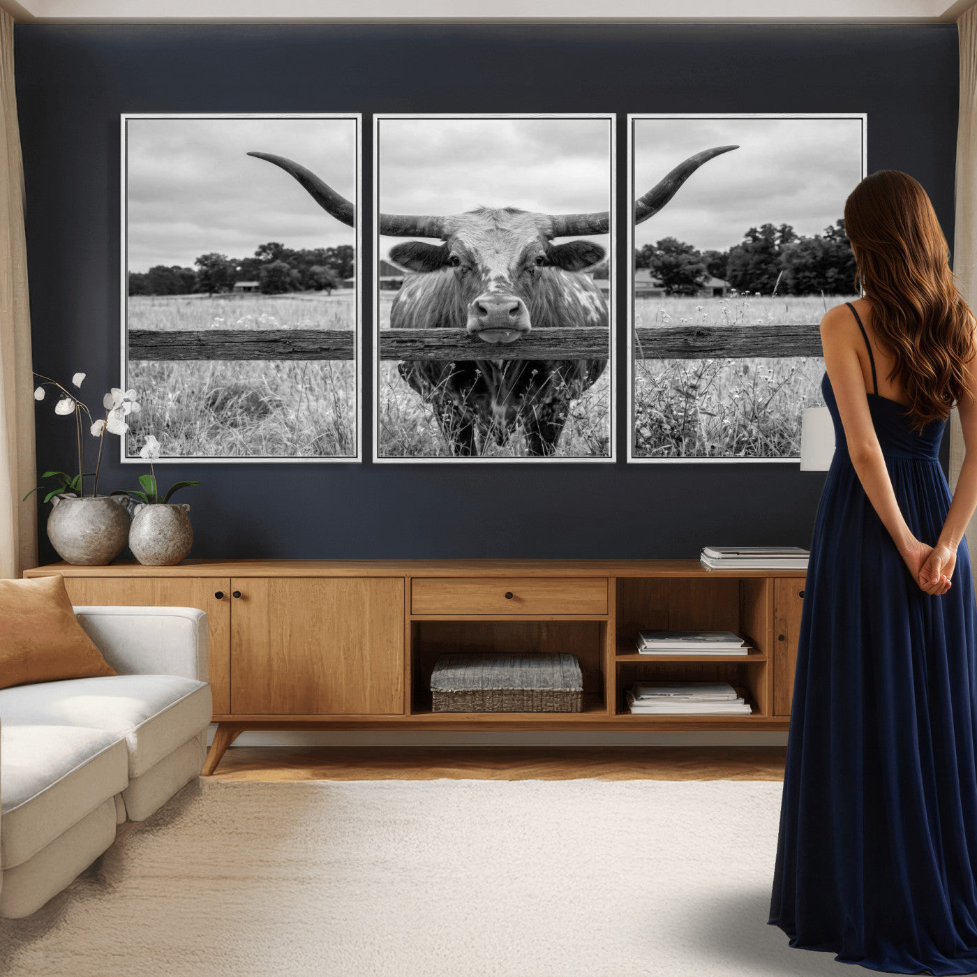 59378683-MGV-CV-60X30-3P - Black White Texas Longhorn Bull Canvas Wall Art, Western Ranch Cattle Photography Print, Rustic Farmhouse Cowboy Decor Artwork