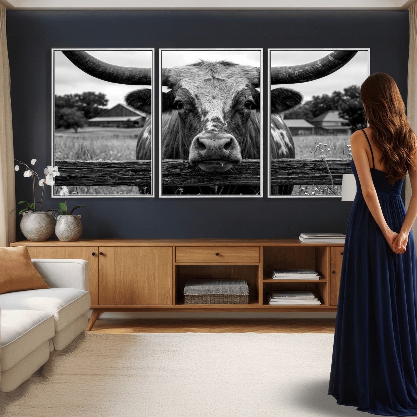 59378683B-MGV-CV-36X24 - Black White Texas Longhorn Bull Canvas Wall Art, Western Ranch Cattle Photography Print, Rustic Farmhouse Cowboy Decor Artwork
