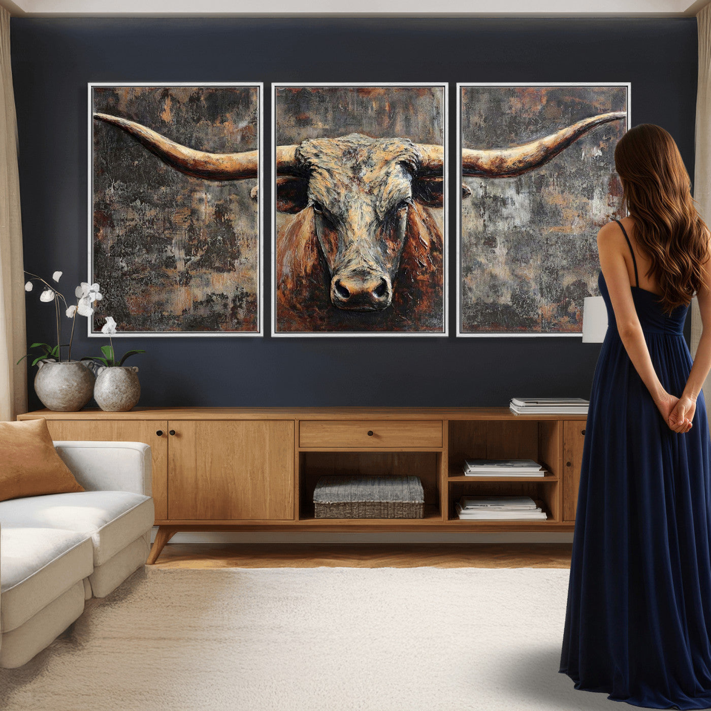 34202127RS-MGV-CV-60X30-3P - Texas Longhorn Skull Canvas Wall Art Rustic Western Decor Print