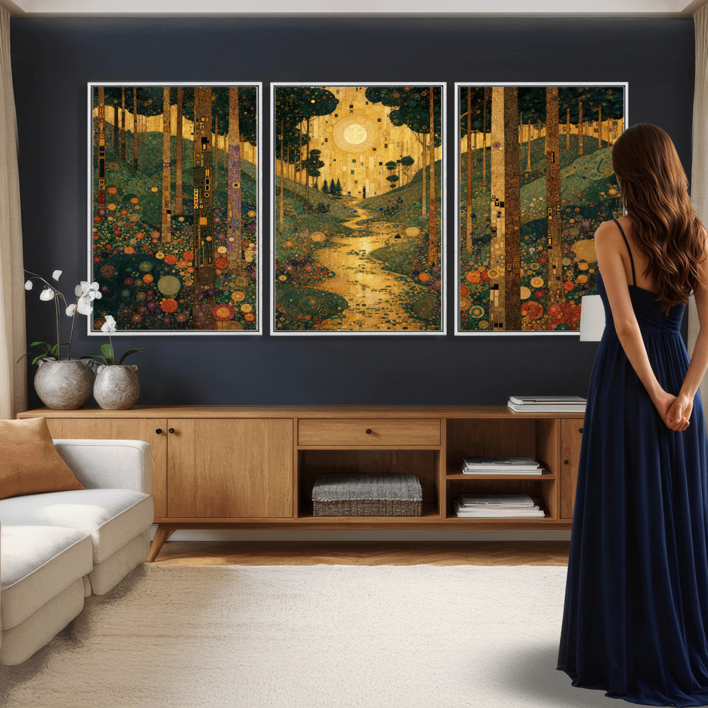 79483321GS-MGV-CV-48X32-3P - Gustav Klimt Style Forest Canvas Wall Art, Golden Forest Path Floral Art Nouveau Print, Enchanted Woodland Decor