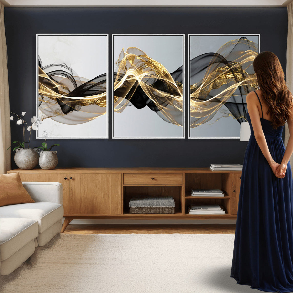 79483321DL-MGV-CV-36X24 - Black and Gold Abstract Wall Art, Modern Wave Canvas Print, Elegant Flowing Smoke Art, Luxury Living Room Decor